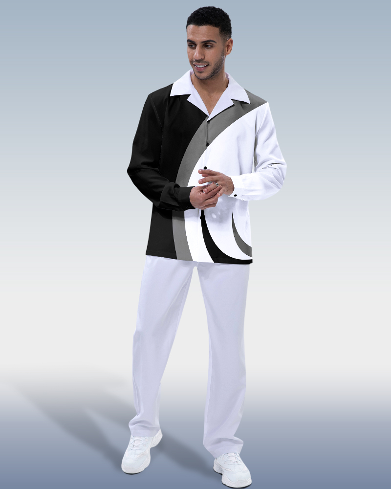 Suitmens Men's Black White  Color Block Long Sleeve Walking Suit