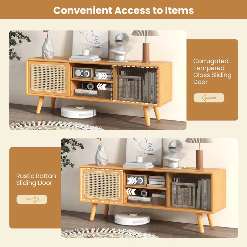 Eletriclife Modern TV Stand with Rattan Glass Sliding Doors