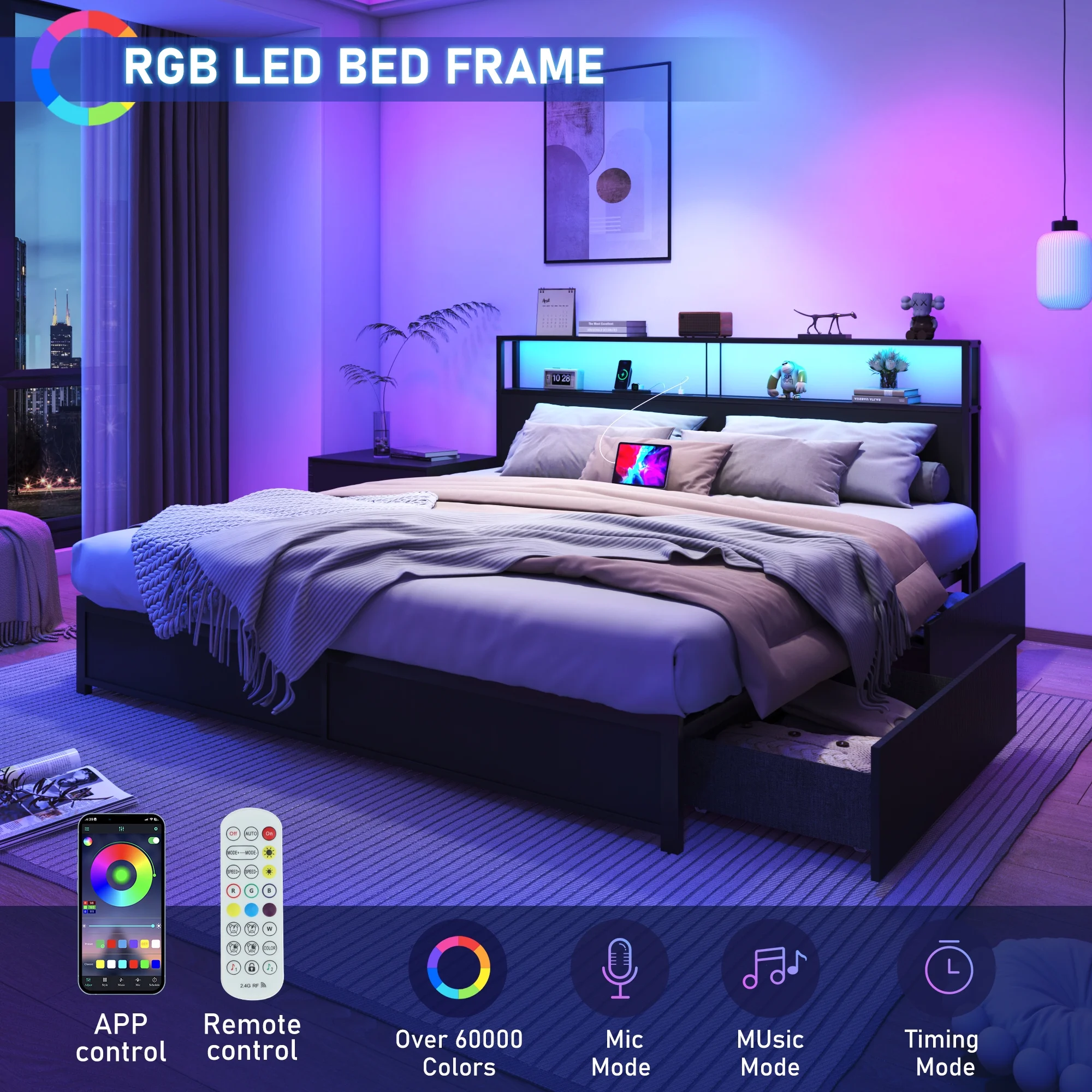 LED Full Bed Frame with Storage Headboard & 4 Drawers, Industrial Metal Platform Bed with Power Charging Station & USB Ports - Image 11