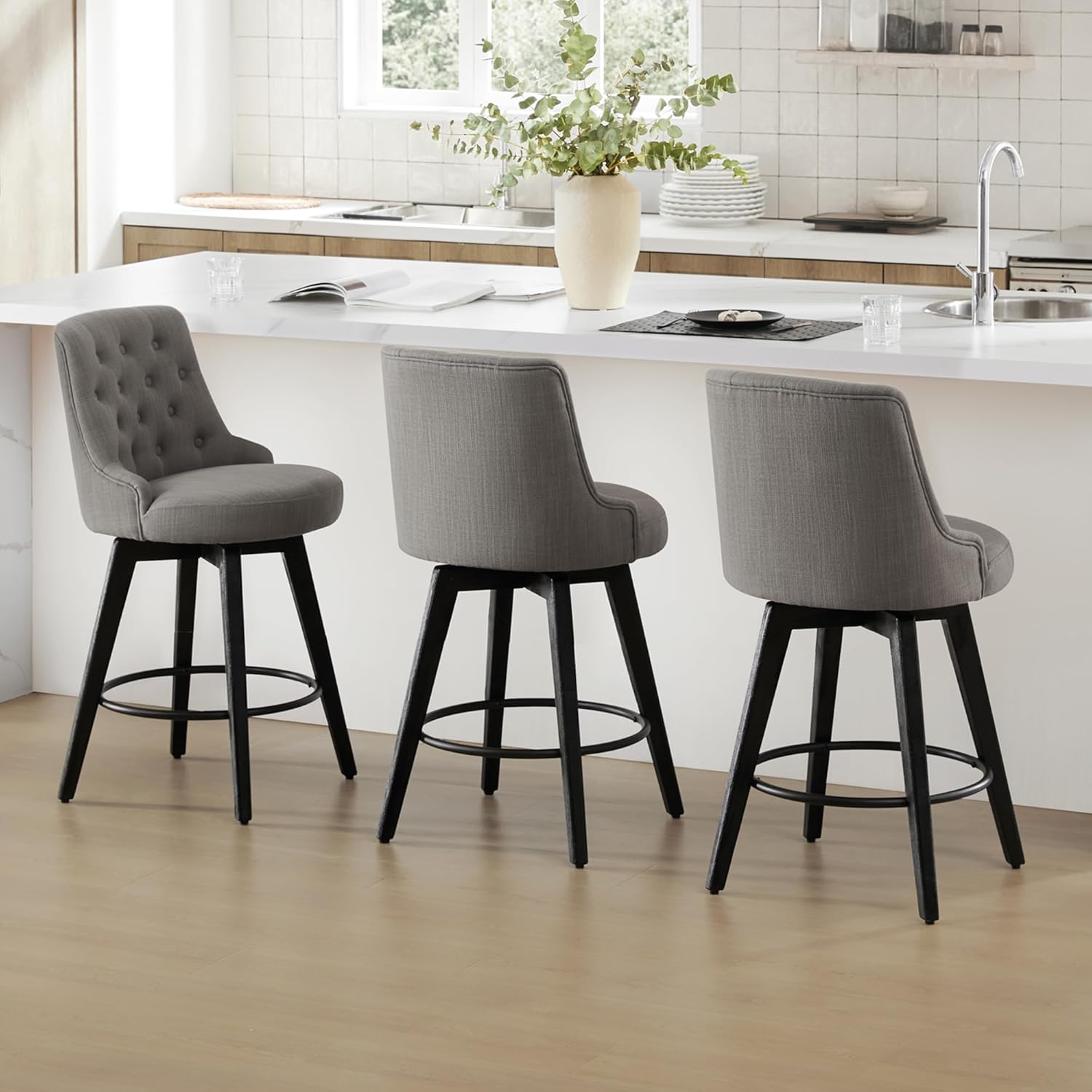 Watson & Whitely Modern Swivel Bar Stools, Performance Fabric Upholstered Counter Height Bar Stool with Back, Solid Wood Legs, 26