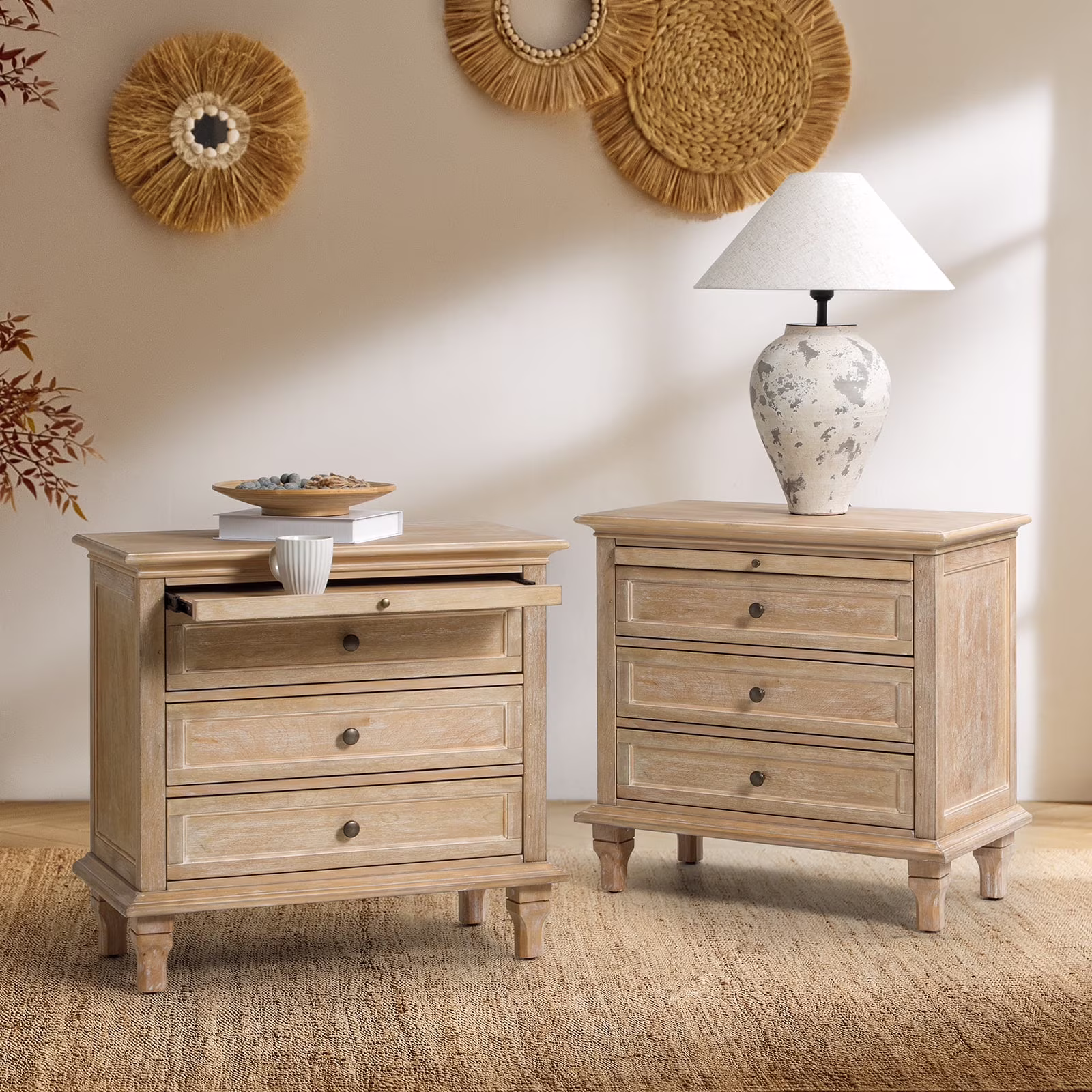 Farmhouse 3 Drawers Nightstand with Tray Bedside Table with Charging Station Acorn - Image 5