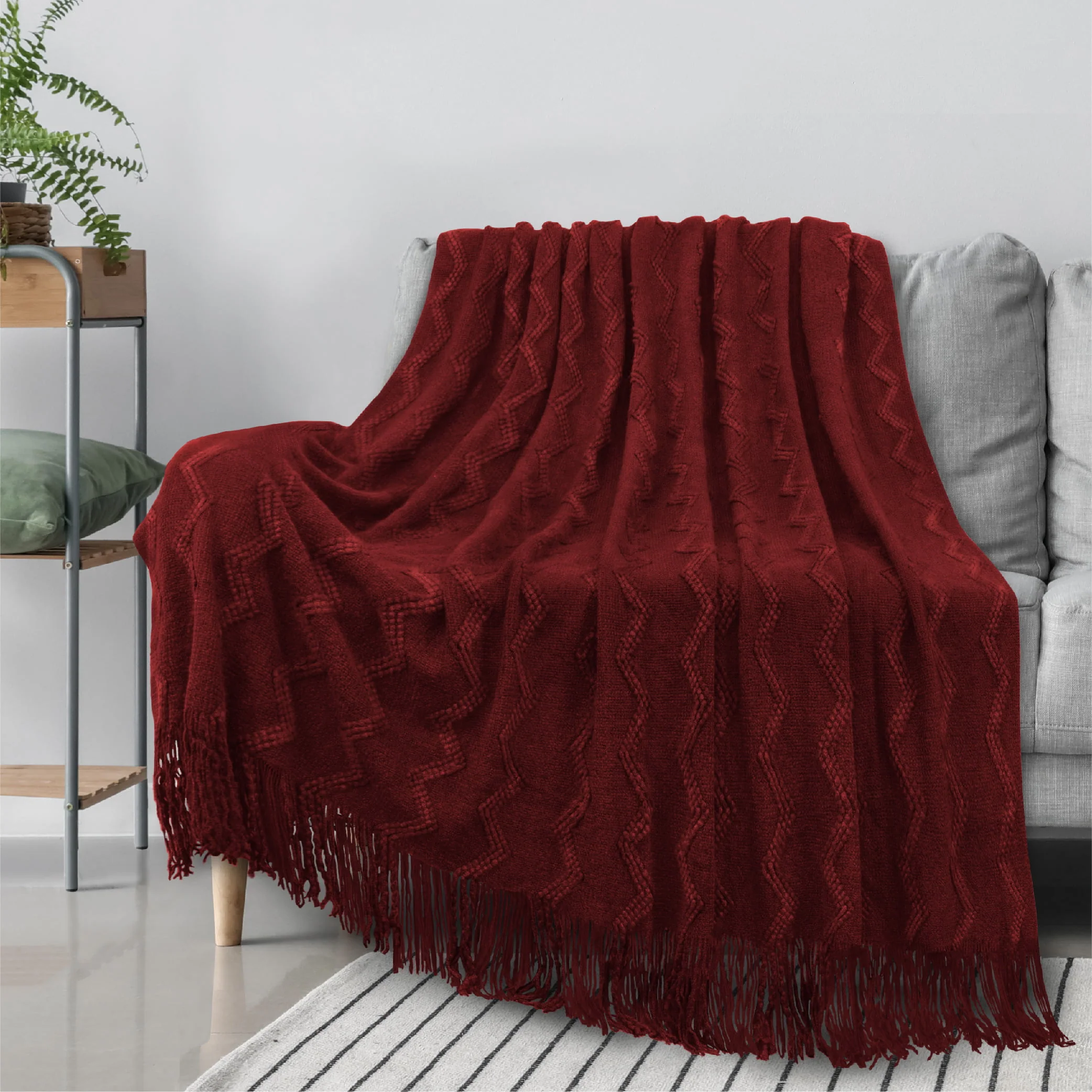PAVILIA Maroon Red Knit Throw Blanket Couch, Soft Knitted Boho Farmhouse Home Decor Woven Throw, Cozy Decorative Afghan Bed Sofa, Outdoor Summer Fall Gift Lightweight, Burgundy Wine Cranberry, 50x60