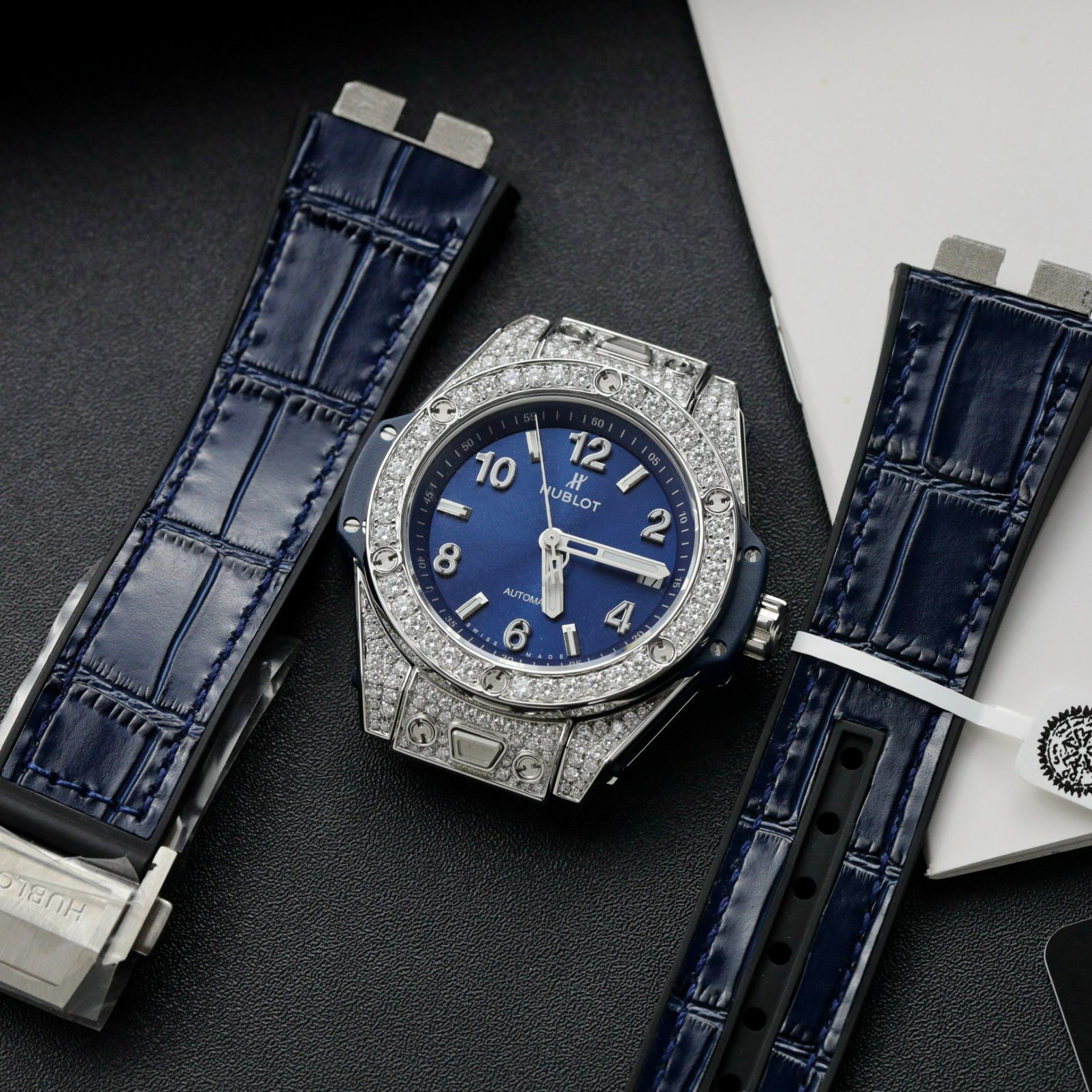 Hublot Fake Watch Big Bang One Click Dial Blue Custom Diamonds Moissanite 39mm - Elite Watch Atelier