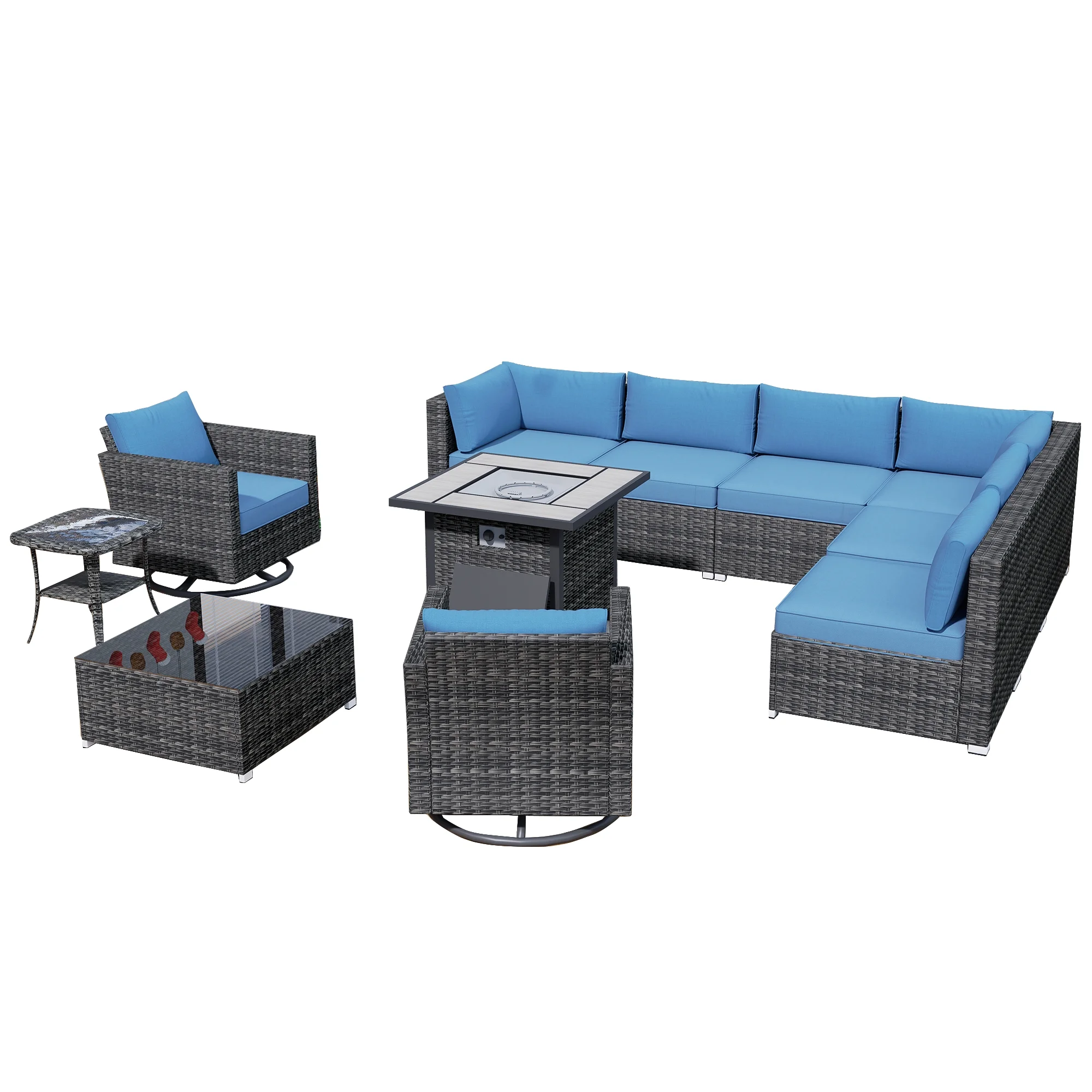 Ovios 11 Pieces Outdoor Patio Furniture with 30 inch Fire Pit Table All Weather Wicker Conversation Set for Porch
