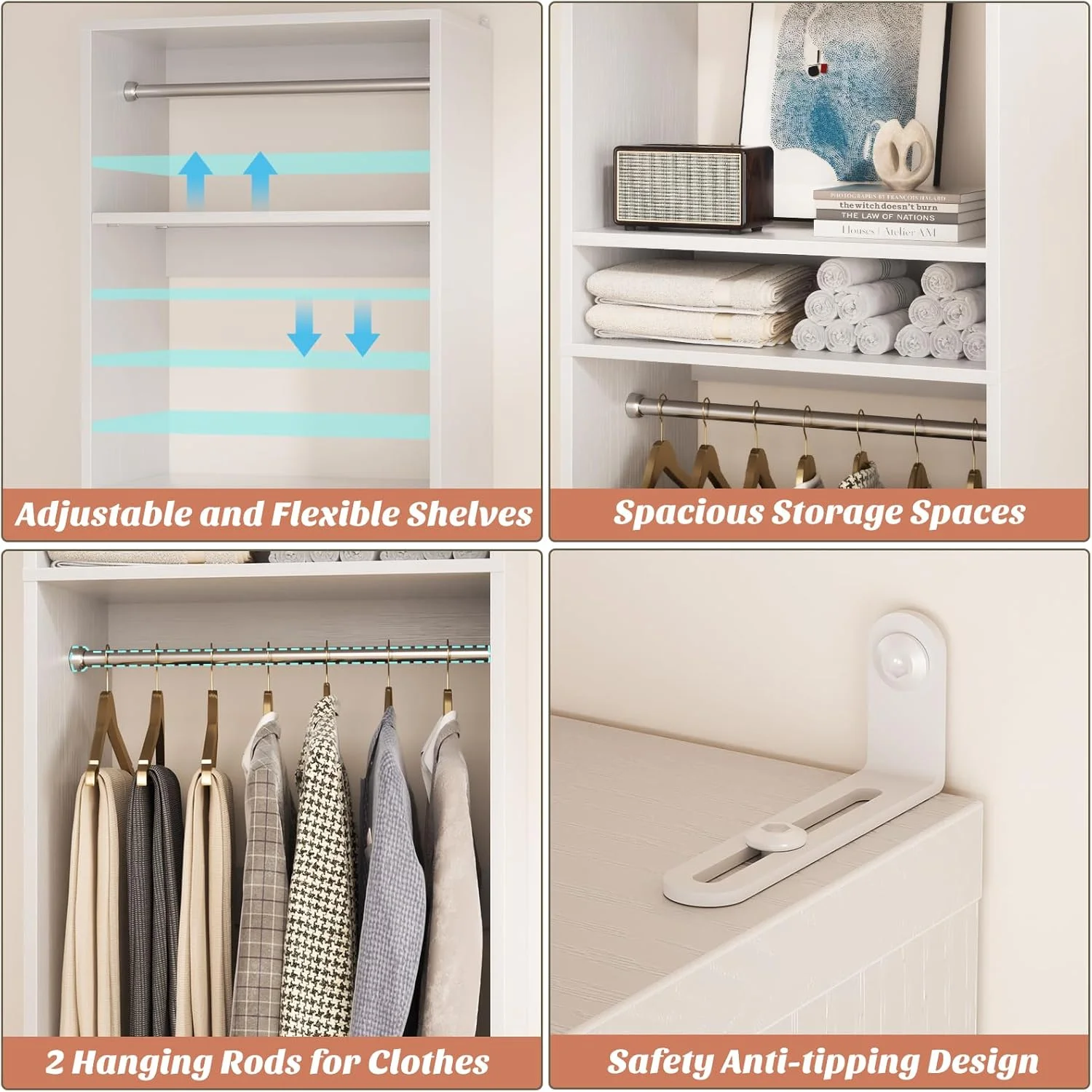 Homieasy 25�?Closet System, Freestanding Closet Organizer Wardrobe with Hanging Rods and Shelves, Adjustable Clothes Garment Rack, Sturdy Walk in Closet Tower, White - Image 4