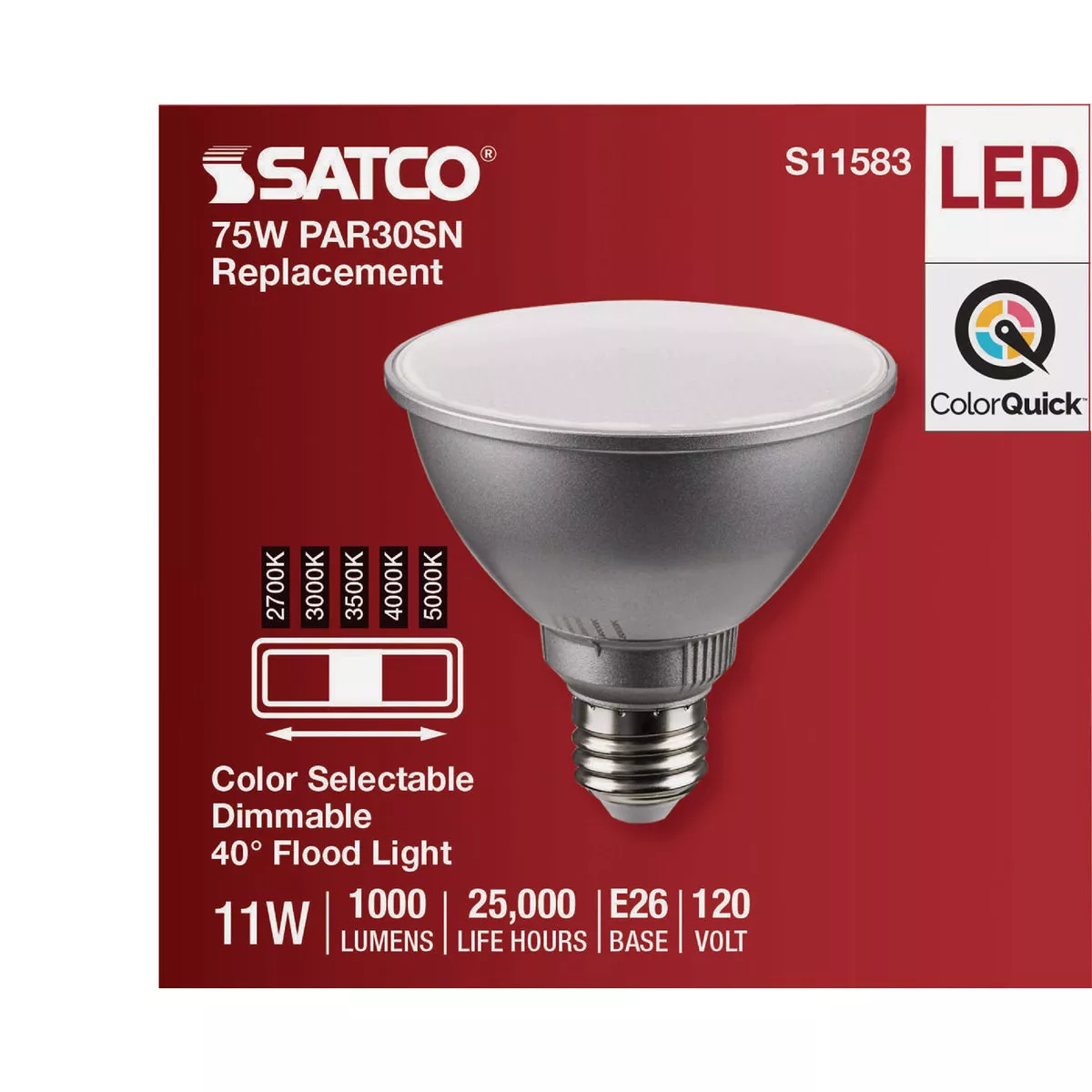 Satco 75W Equivalent 5CCT-Selectable PAR30 Short Neck Medium Dimmable LED Floodlight Bulb