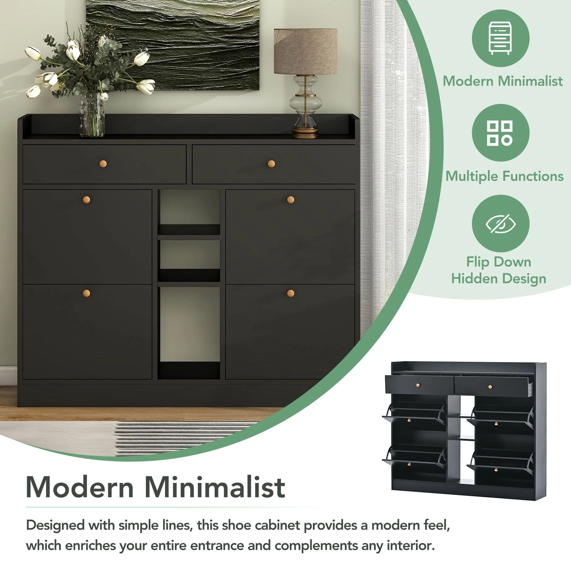 Aukfa Shoe Cabinet with 4 Flip Drawers and 2 Storage Drawers- Black - Image 8