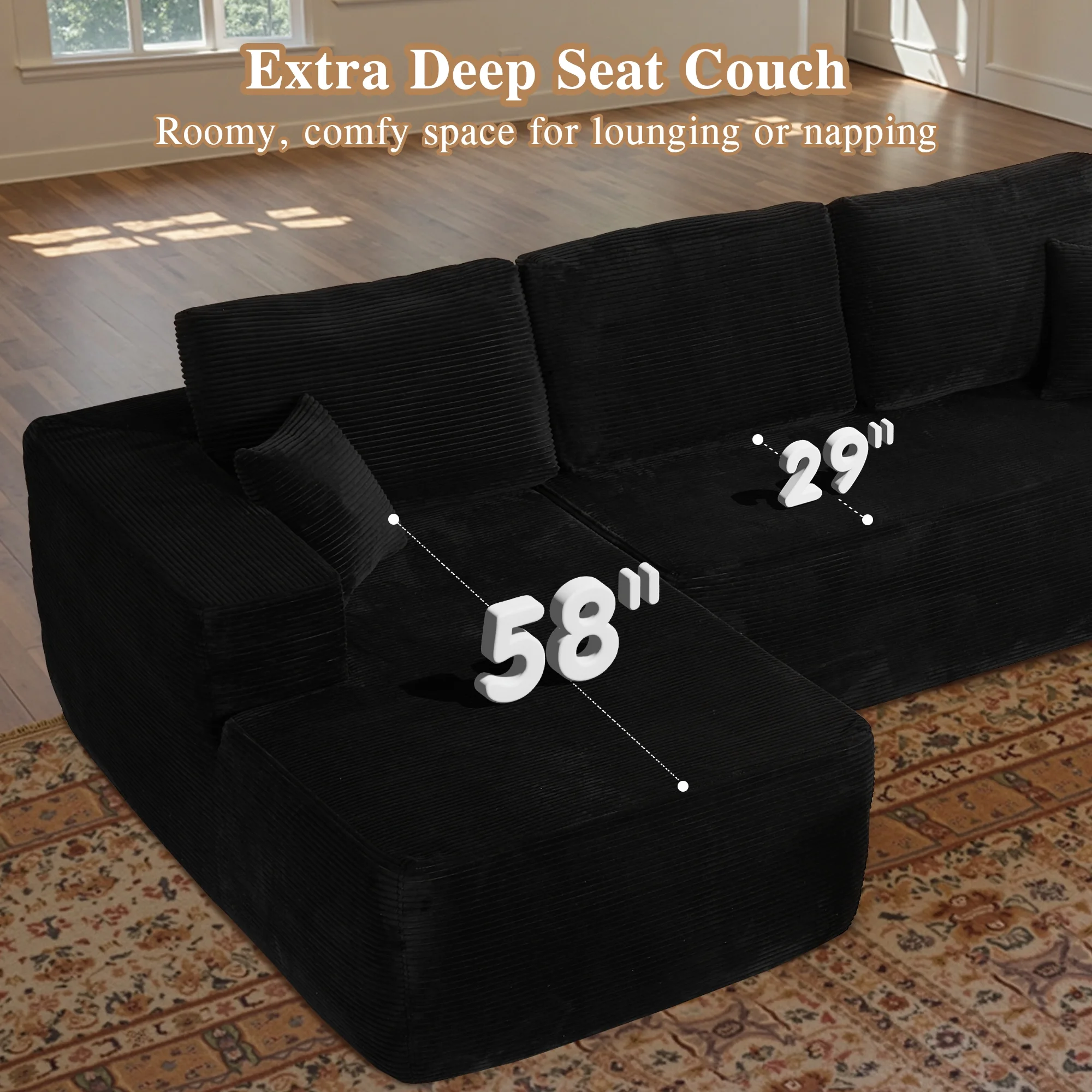 Ovios 106" L-Shaped Sectional Sofa Modern Modular Cloud Couch with Deep Seating Upholstered Sofa for Living Room Bedroom, No Assembly Required, Black(Corduroy) - Image 10