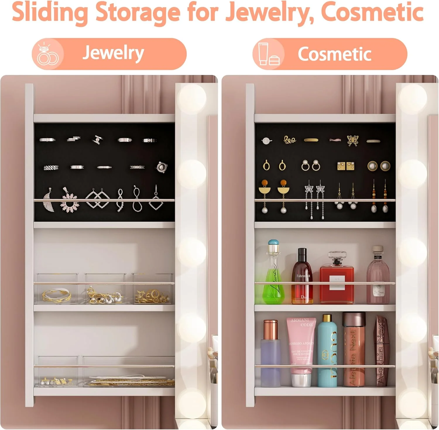 Vanity Desk with Power Outlet, Makeup Vanity with Mirror and 14 LED Light, 3 Lighting Modes,11 Drawer Vanity Table with Sliding Jewelry Storage, Glass Top, Specular Surface - Image 5