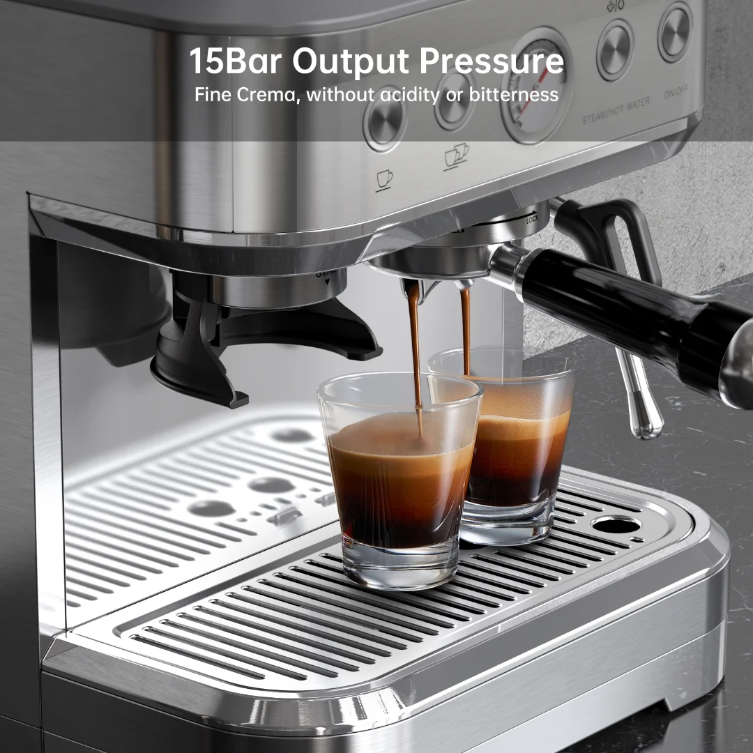 Espresso Machine with Milk Frother and Grinder, 2.5L Water Tank, Brushed Stainless Steel