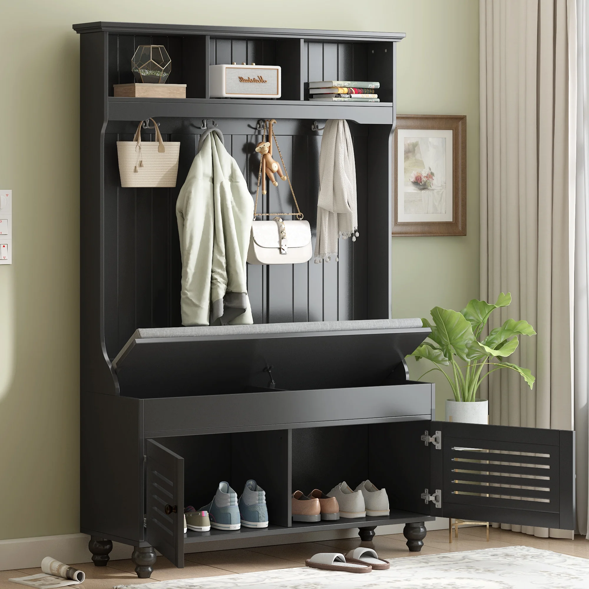 Royard Oaktree Hall Tree w/Bench, Cushion, and Shutter Cabinet Doors, Hallway Coat Rack with 4 Hooks