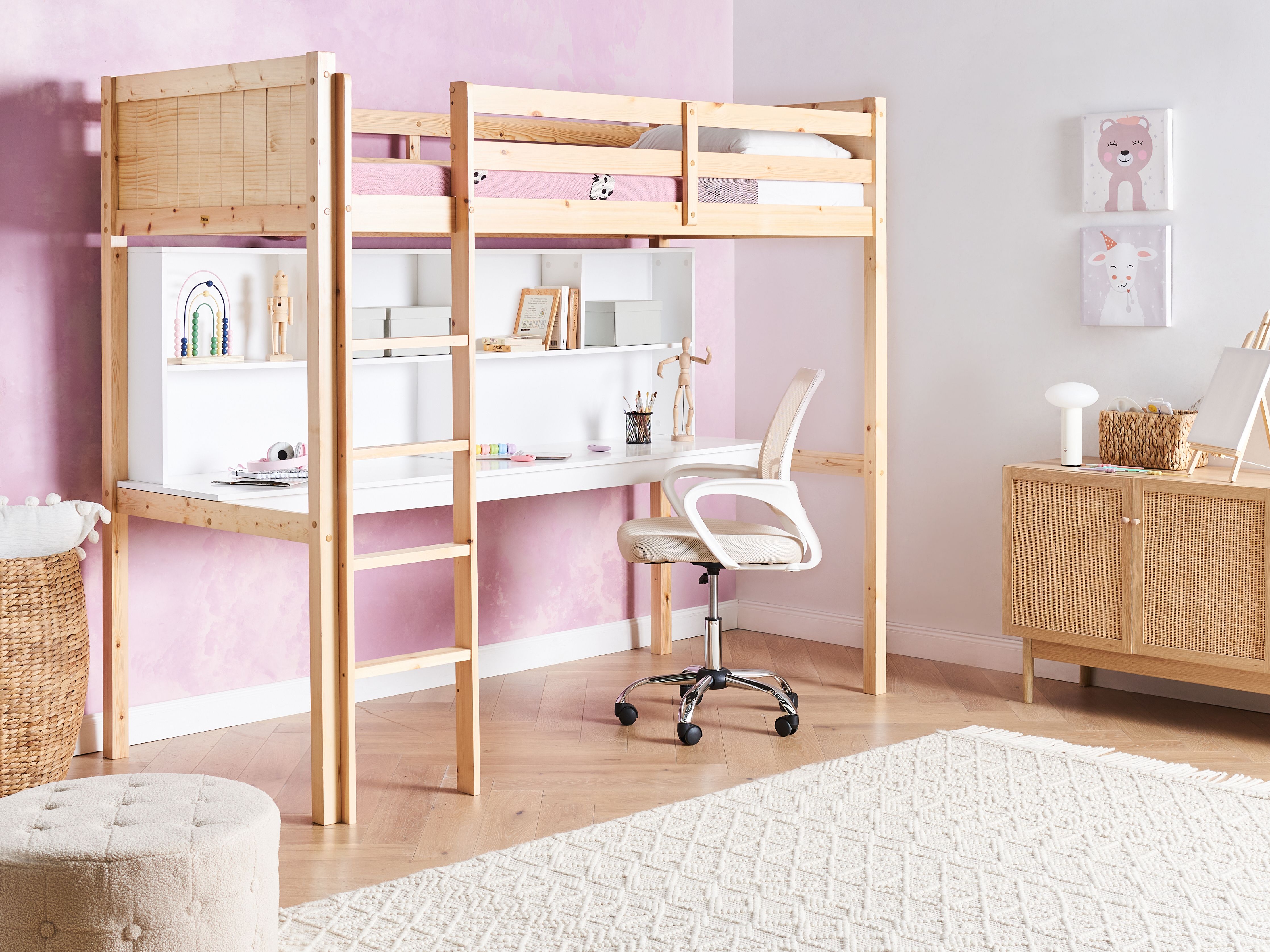 High Sleeper Bed with Desk Pine Wood FOUCAMONT 90 x 200 cm (EU Single) Light Brown