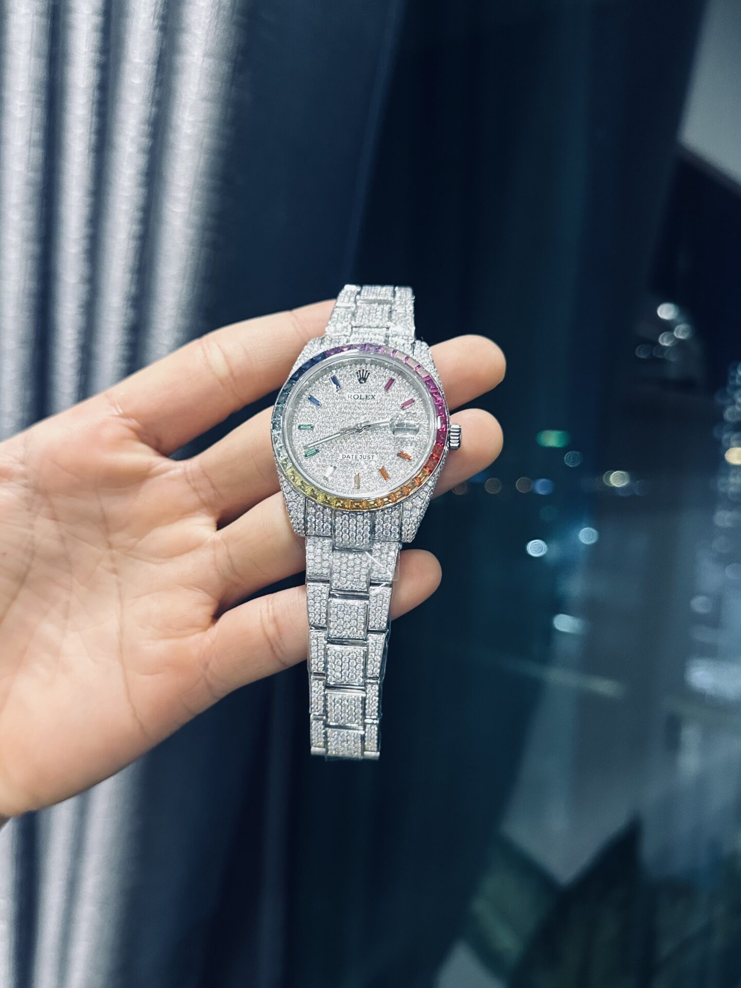 Rolex DateJust Rainbow Replica Watch Custom Moissanite Diamonds 41mm - Elite Watch Atelier