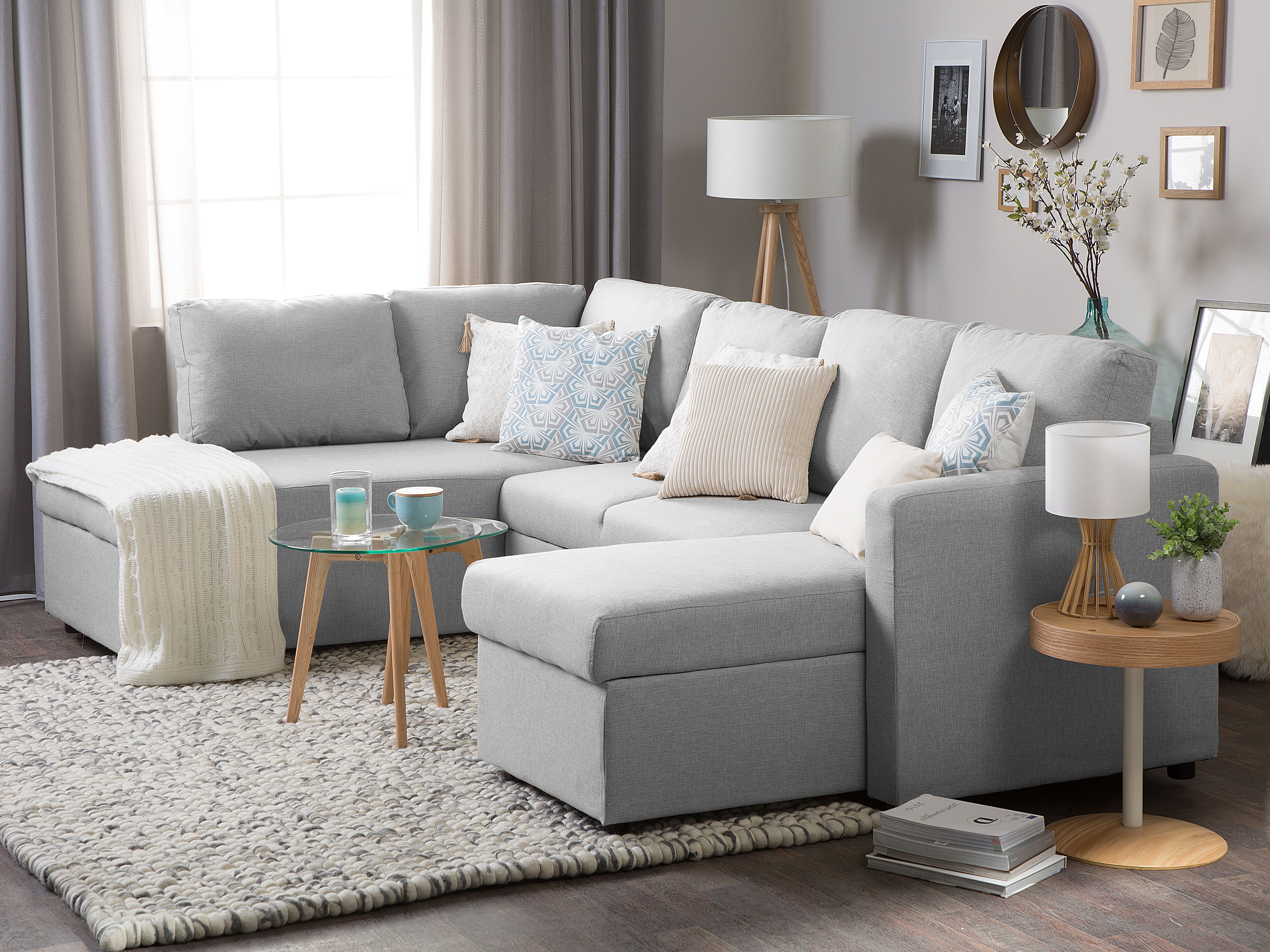 U-Shape Sofa Bed 4 Seater KARRABO Fabric Light Grey with Storage