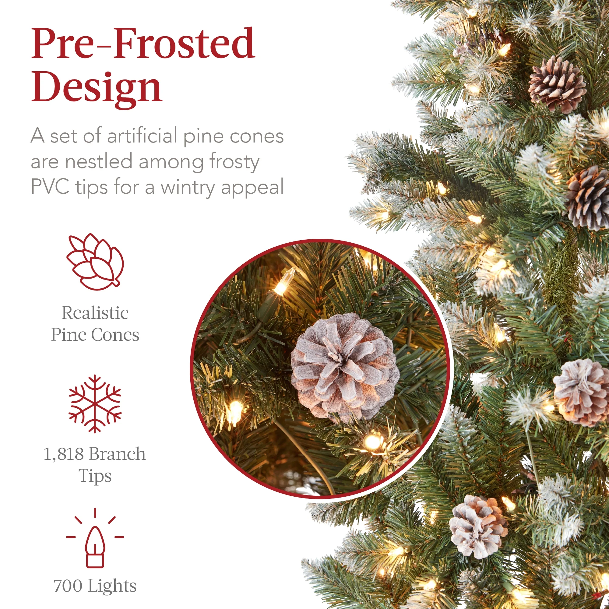 Best Choice Products 6ft Pre-Lit Partially Flocked Pencil Christmas Tree w/ 250 Lights, Pine Cones, Foldable Stand - Image 31