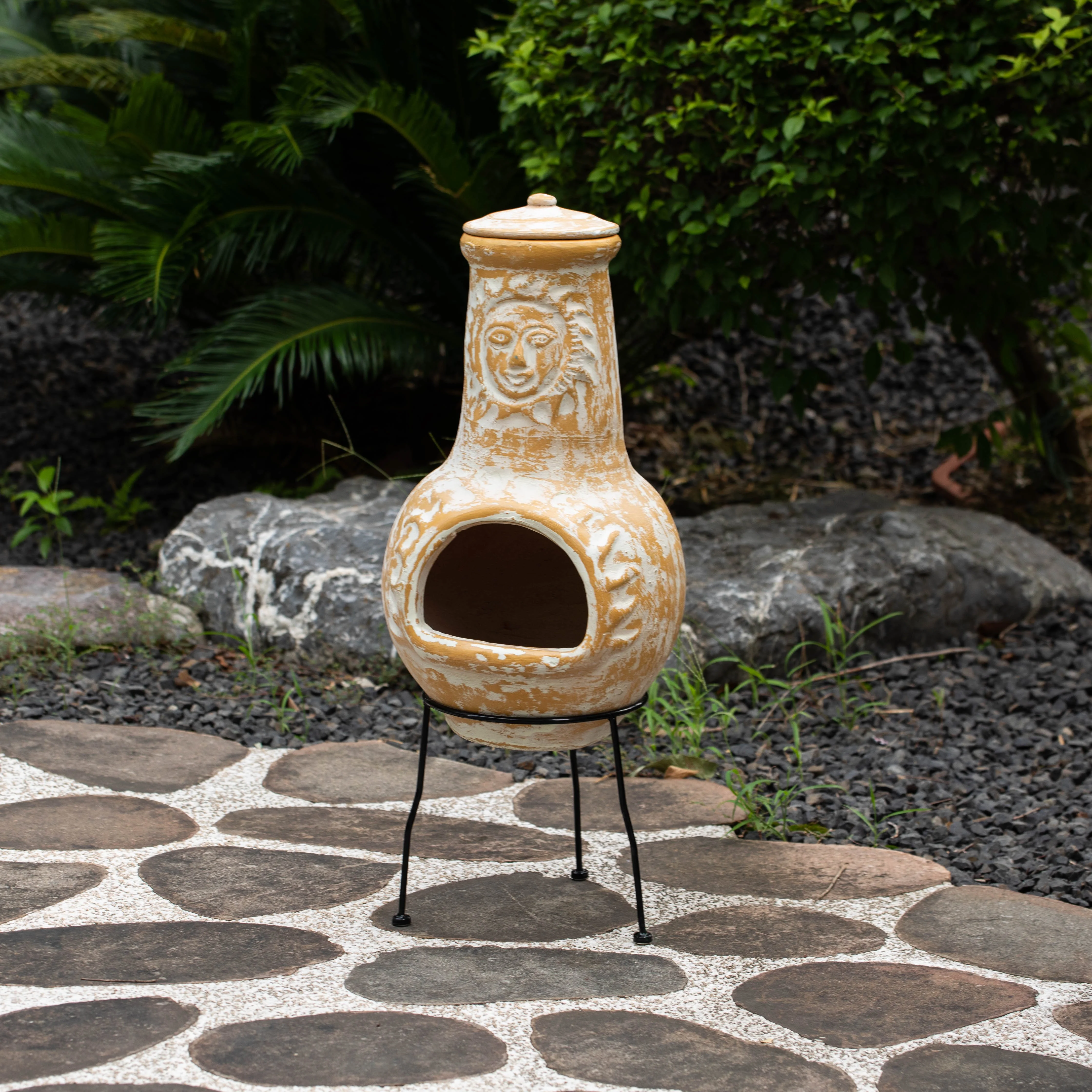 Vintiquewise QI004631.TC Outdoor Clay Chiminea Fireplace Sun Design Wood Burning Fire Pit with Sturdy Metal Stand, Barbecue, Cocktail Party, Cozy Nights Fire Pit, Terra Cotta - Image 4