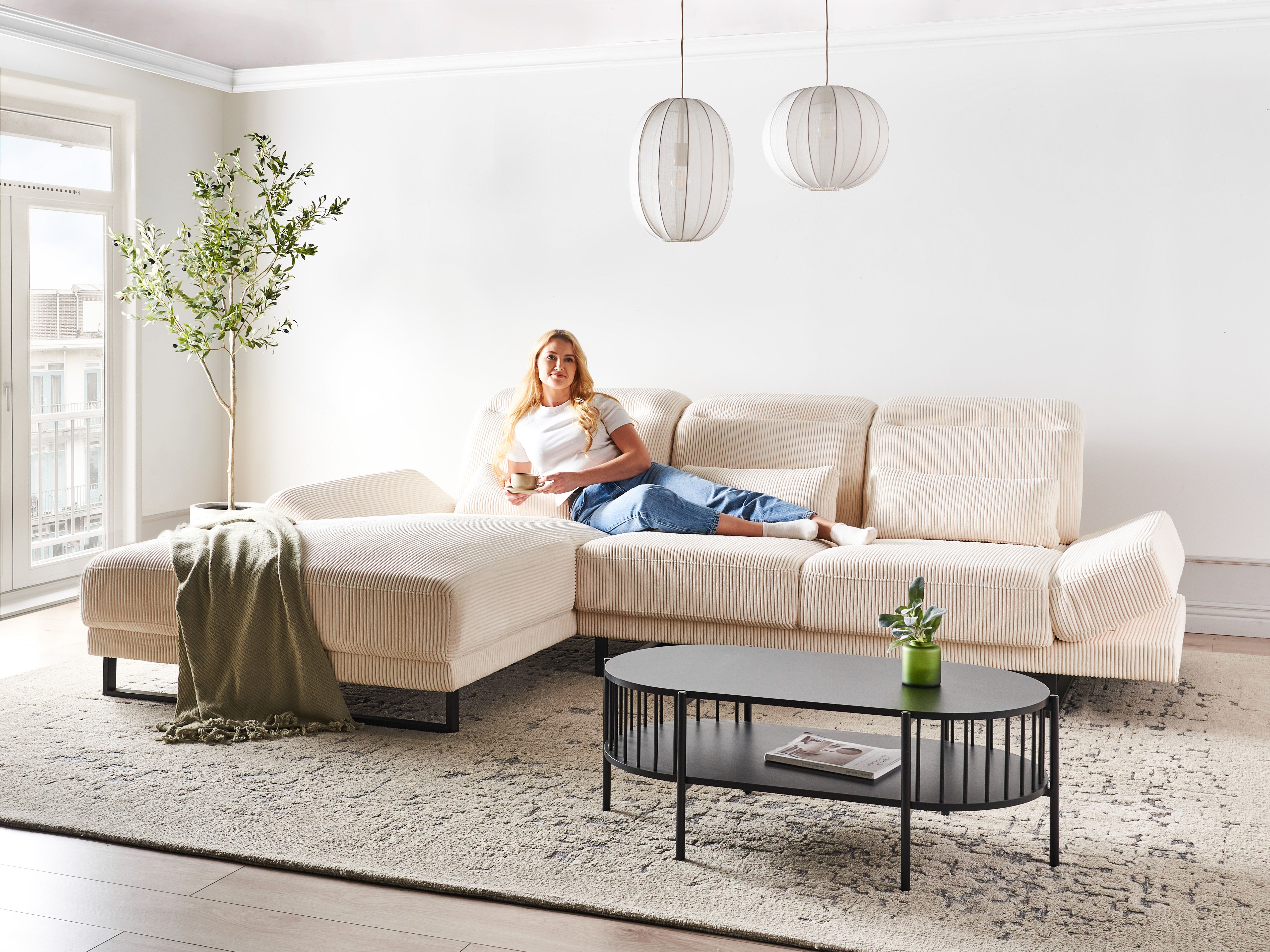 Corner Sofa 4 Seater IKAST Corduroy Beige Right Hand