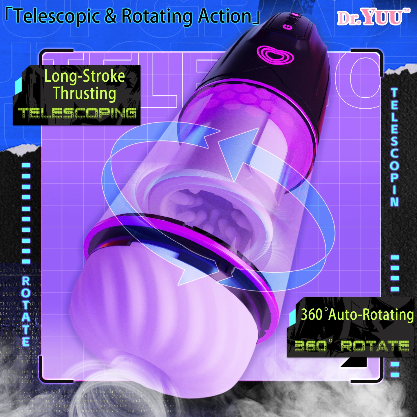 Close-up showing the intense 360-degree rotation function of the Dr.YUU automatic male toy.