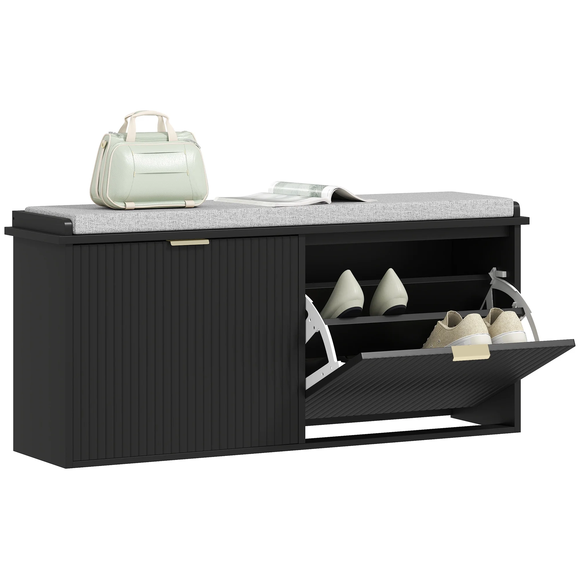 HOMCOM Shoe Bench with Padded Seat Cushion and Flip-Drawer, Entryway Bench Holds up to 529lb, 40.9x10.2x18.7 Inches, Black