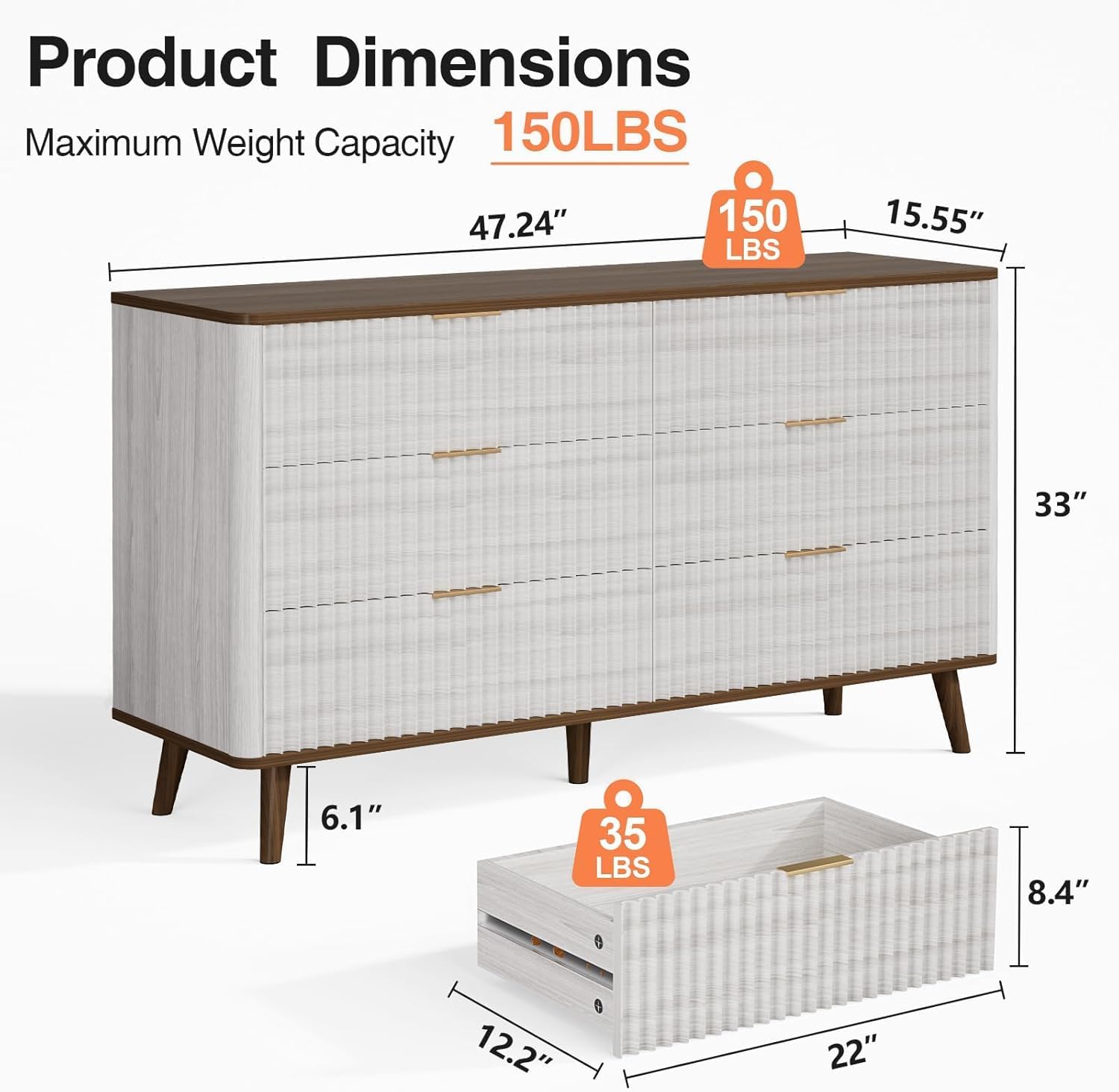 Fluted 6 Drawers Dresser, 47