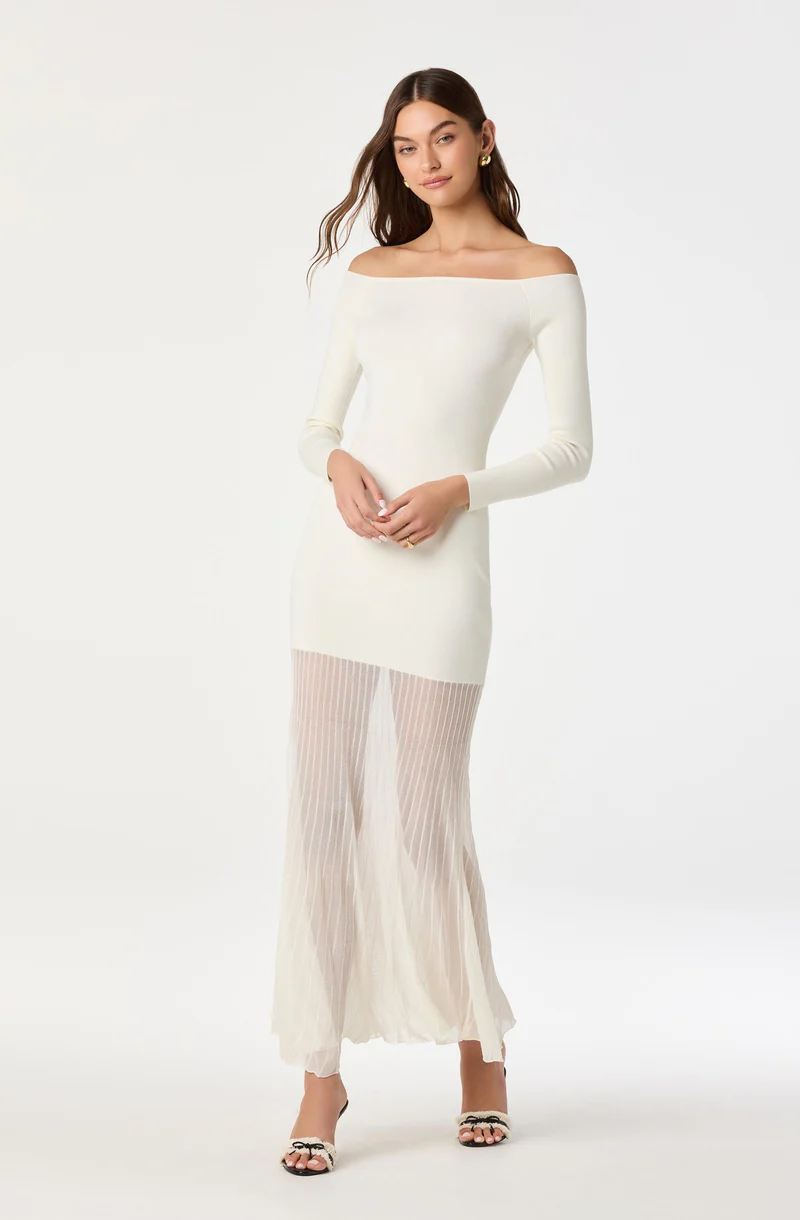 Off Shoulder Mesh Panel Hem Maxi Dress