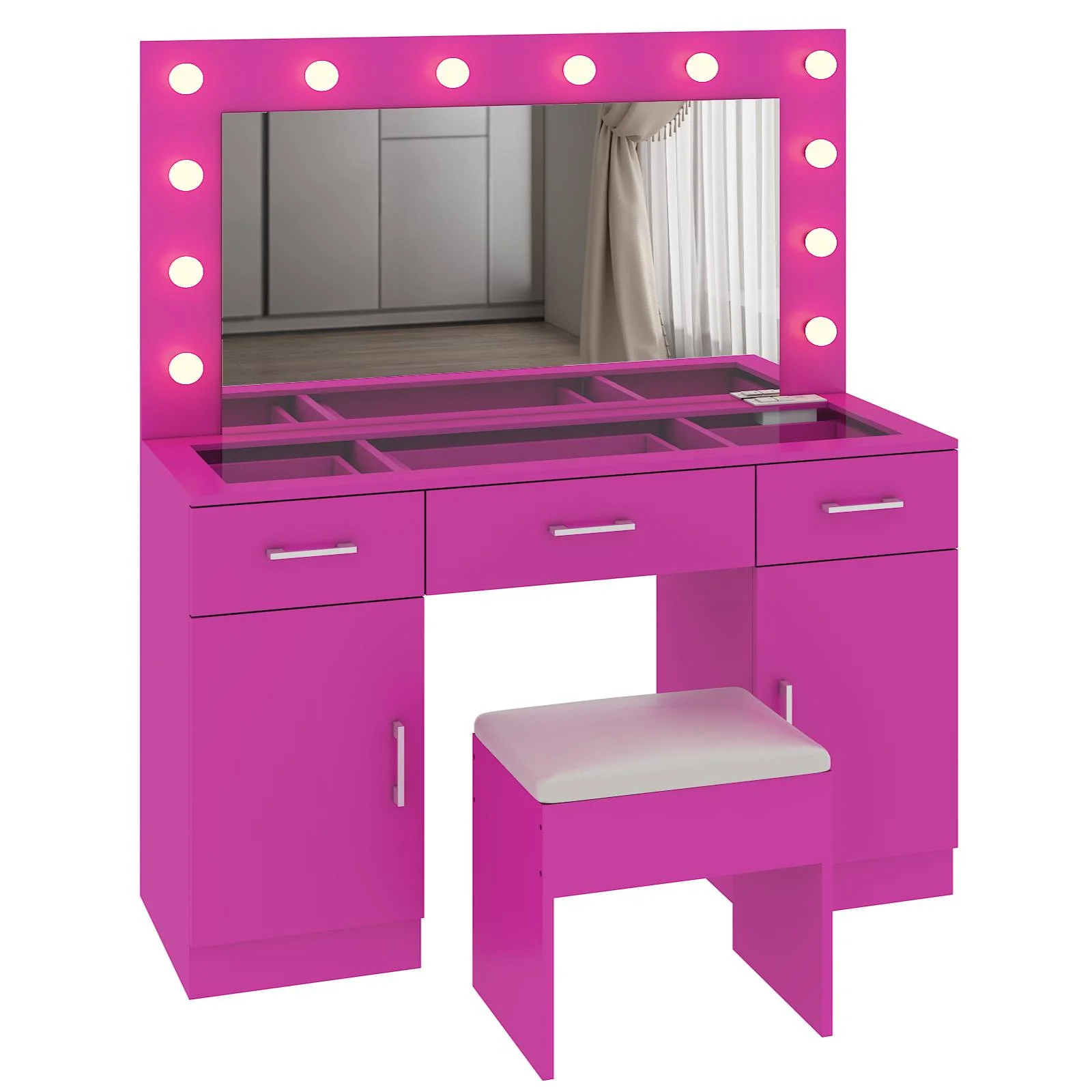 Ktaxon Large Makeup Vanity, Vanity Table Set w/ Visible Glass Top w/ Charging Station, White - Image 92