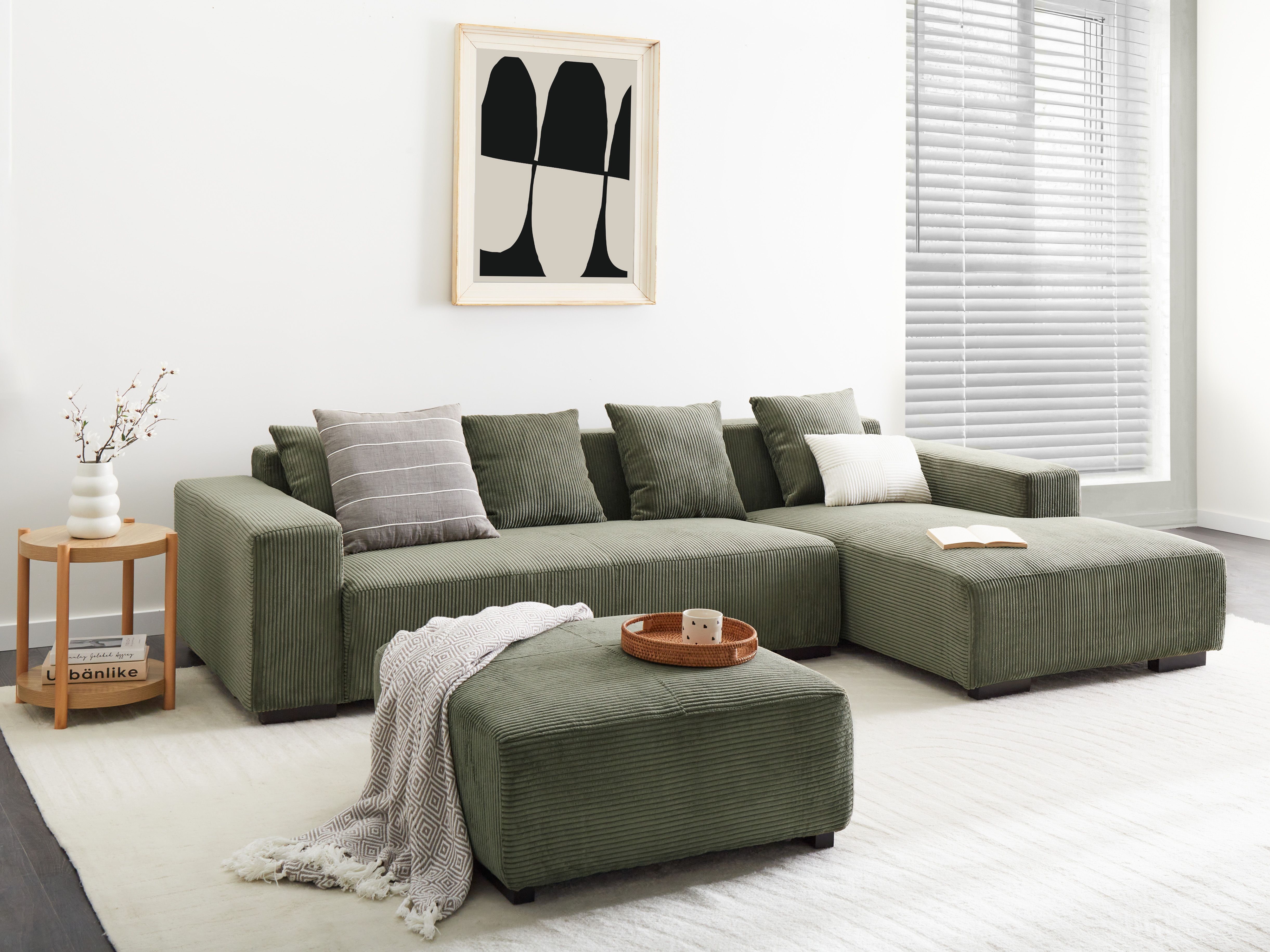 Corner Sofa 4 Seater LUNGO Corduroy Green with Ottoman Left Hand