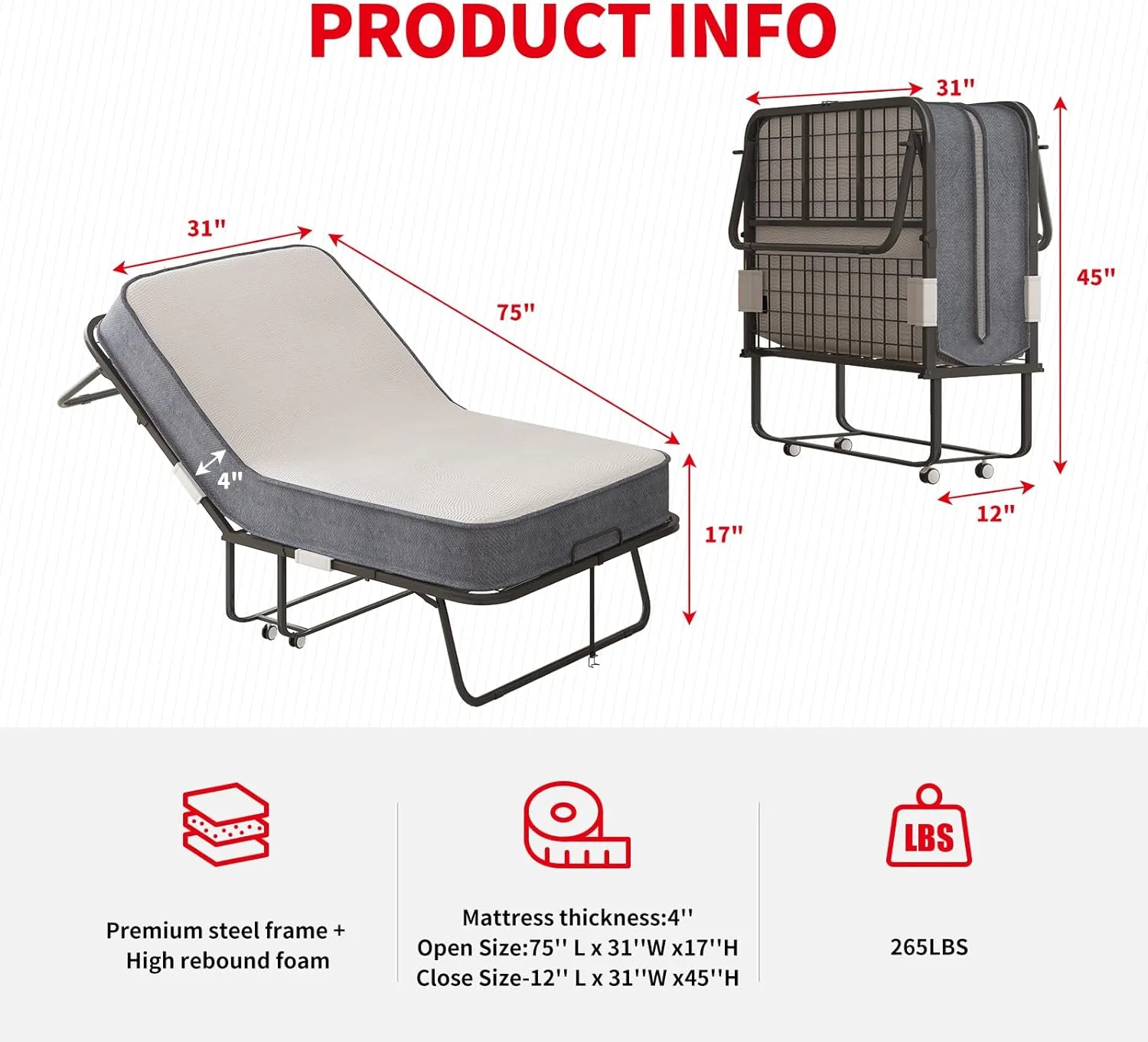 Puremind Folding Bed with 4 Inch Foam Mattress, 75" x 31" Rollaway Bed for Adults, Portable Bed with Lockable Wheels, Easy Assembly & Moving, Standard - Image 3