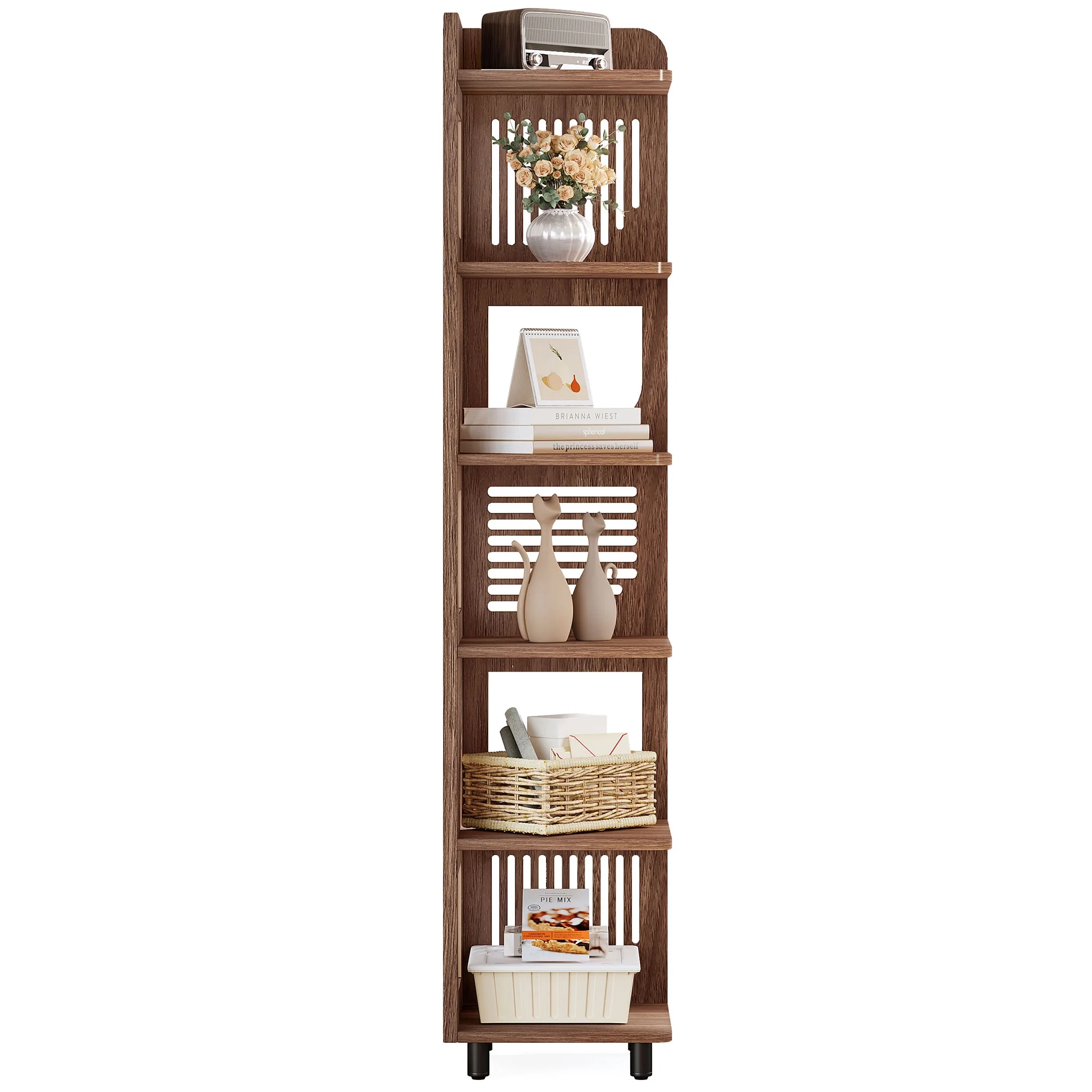 Fnova 71" 6-Tier Tall Corner Bookshelf, Rustic Wooden Narrow Corner Bookcase with Artistic Square Rack, Freestanding Display Storage Shelf for Space-Saving Home Organizing - Image 11
