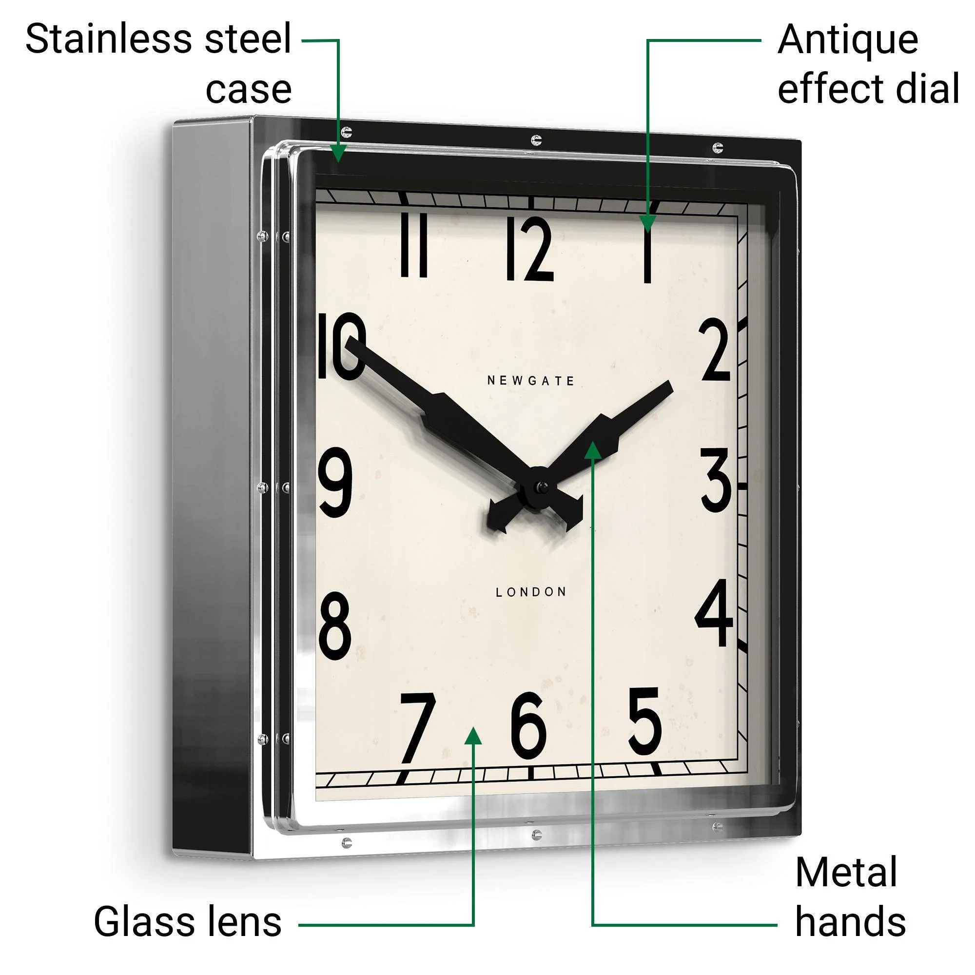 Newgate Quad wall clock in stainless steel