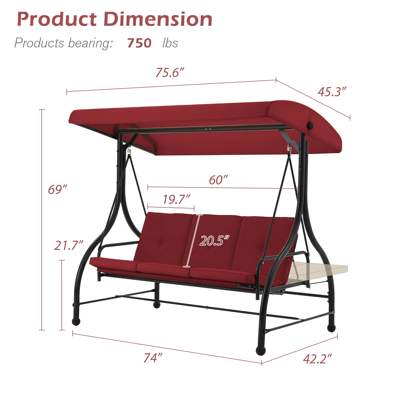 AECOJOY 3 Person Canopy Steel Porch Swing, Converting Swing Glider Hammock-Beige - Image 24