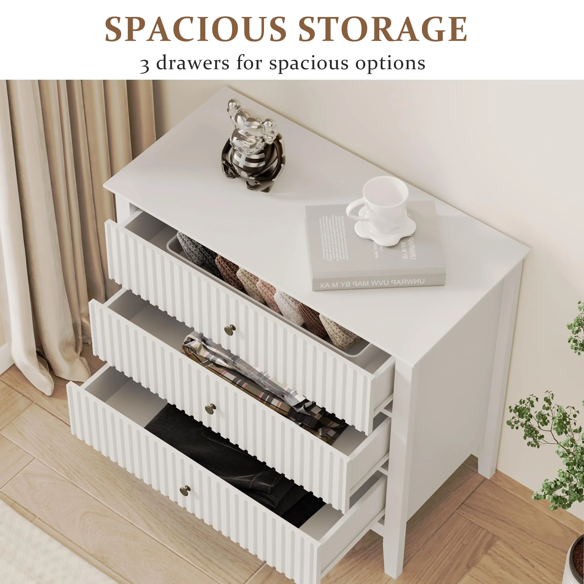 May Color Large White 3 Drawer Dresser Set of 2 with Fluted Panel, Modern Chest of Drawers with Silent Slide Drawers, Wood Accent Nightstand with Storage for Bedroom Living Room, Hallway - Image 31