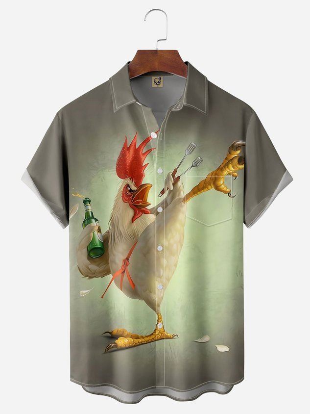 Kung fu Rooster Chest Pocket Short Sleeve Casual Shirt