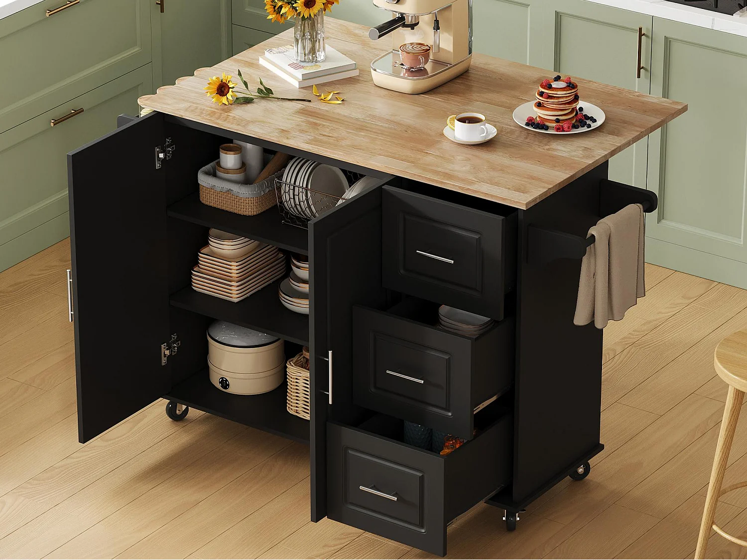 Ilot central de cuisine mobile - plateau extensible - avec porte-serviettes - avec roulettes - avec 3 tiroirs et 2 portes - MDF - Noir