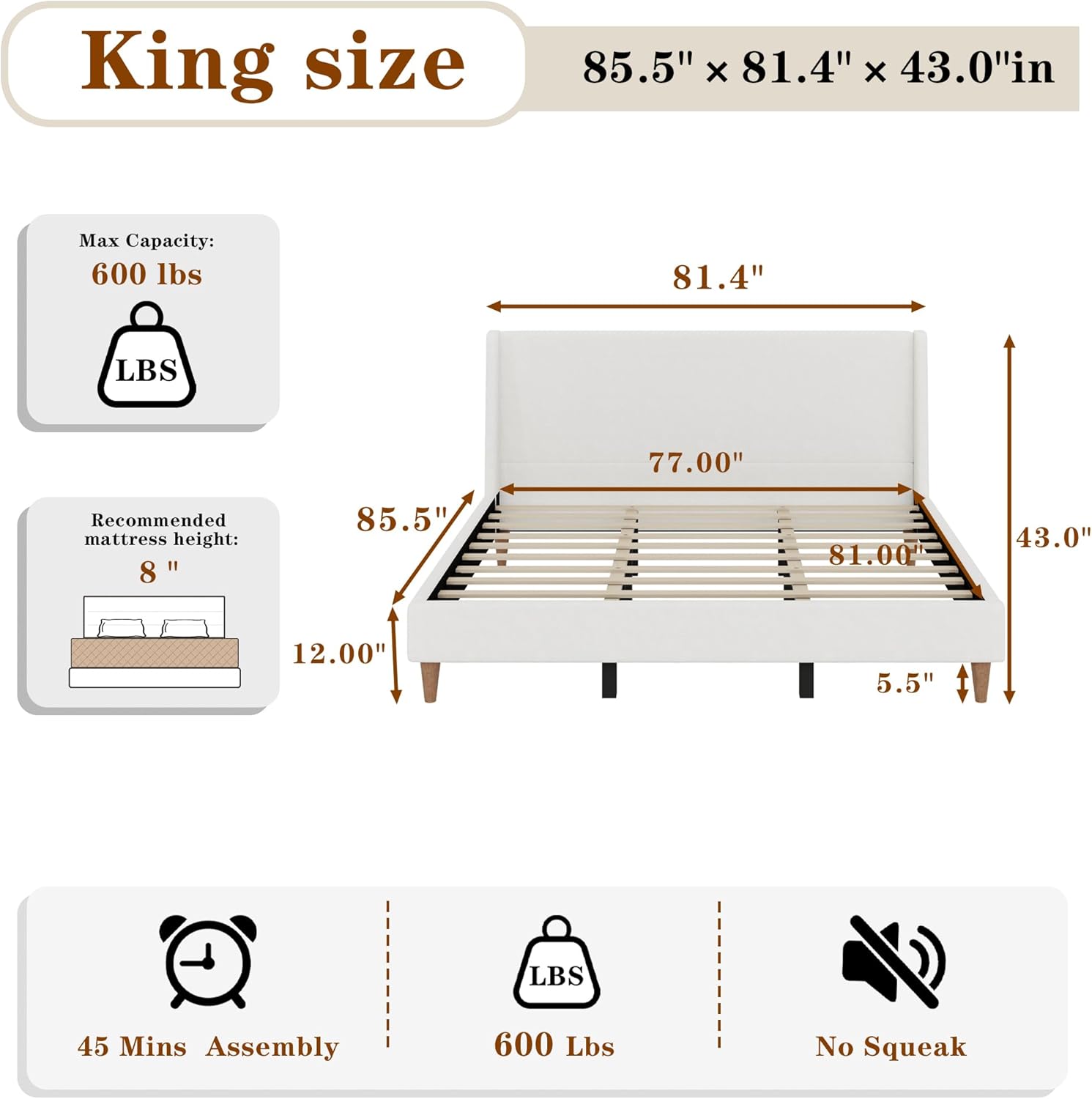 Upholstered Bed Frame King Size, 43