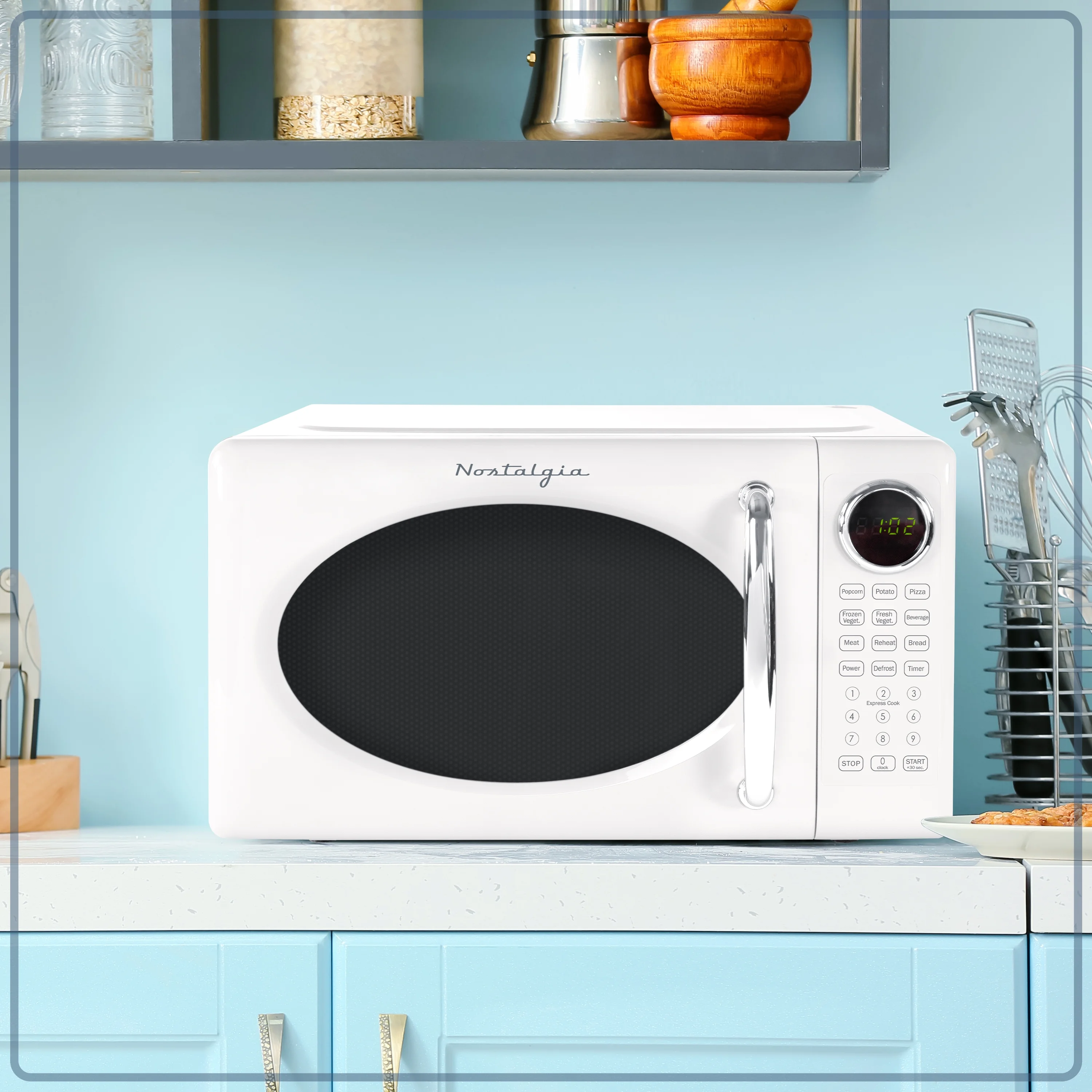 Nostalgia Retro Microwave Oven - 0.7 Cu Ft & 700-Watt Countertop Microwave with Glass Turntable, Child Safety Lock, 8 Auto-Cook Programs & Digital Clock - Aqua - Image 13