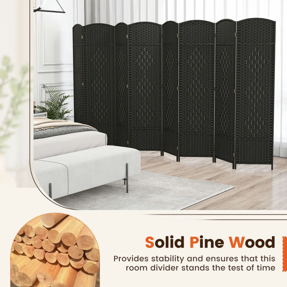 Spaco 8-Panel 8 Feet Tall Room Divider, Folding Room Divider with Hand-Woven Texture, Privacy Screen with Solid Wood Frame for Indoor, Brown - Image 10