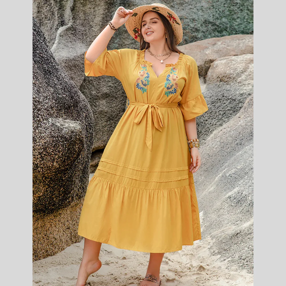 Plus Size Notched Tie Waist Half Sleeve Midi Dress - ZKZOOK