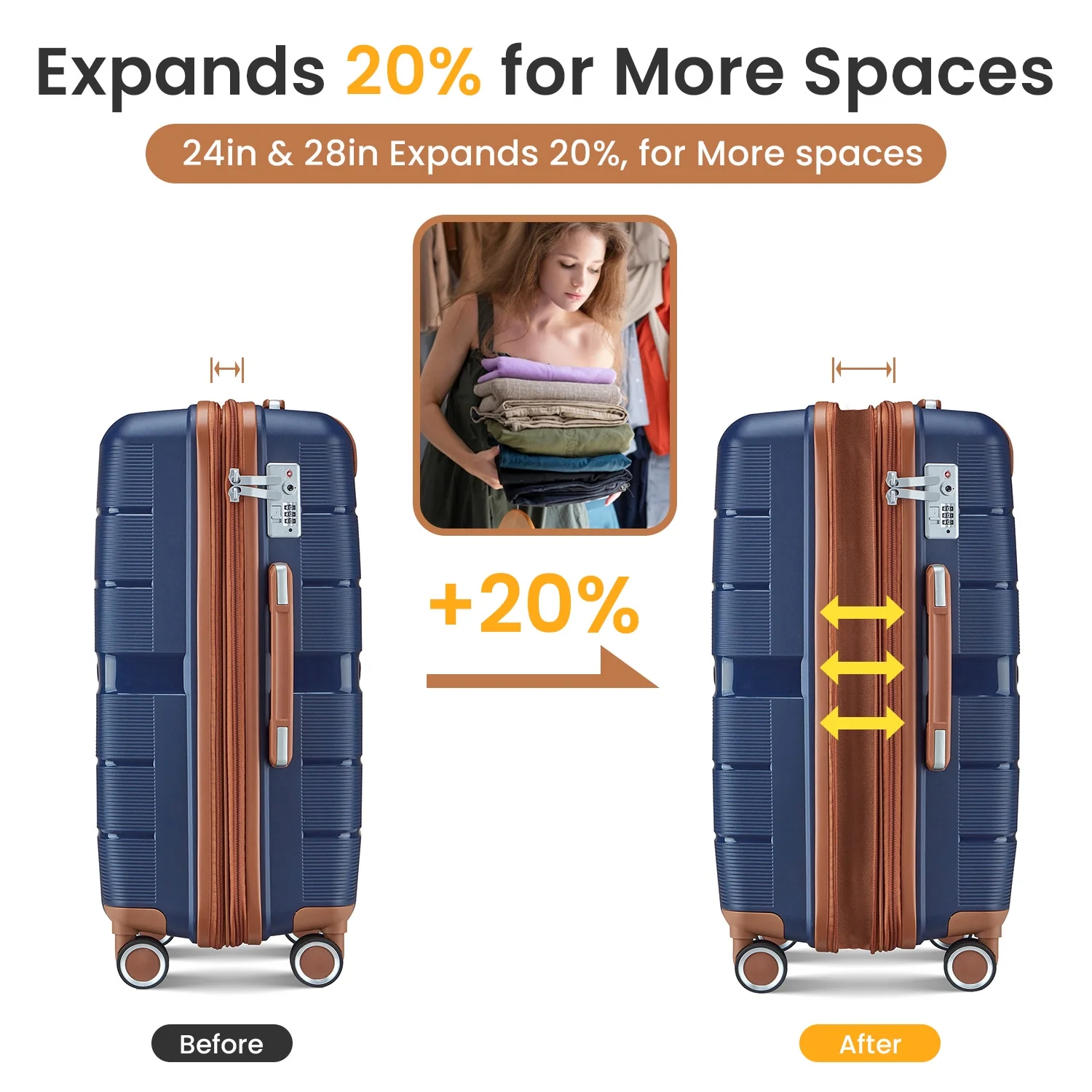 4 Piece Luggage Set, Expandable Lightweight Suitcase Set, PP Materials Travel Luggage with TSA Lock Spinner Wheels, White (14/20/24/28) - Image 21