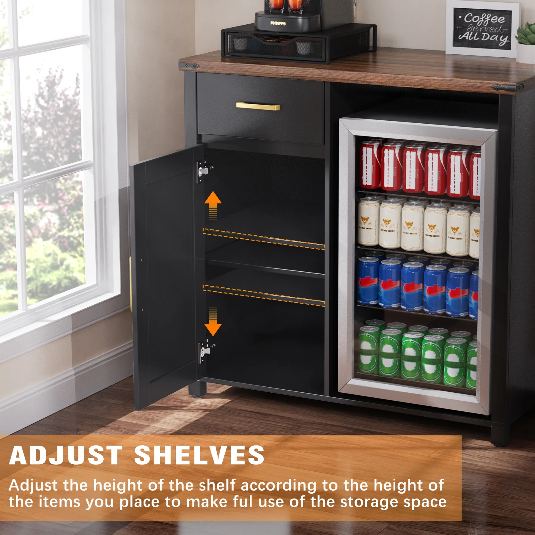 Coffee Bar with Mini Fridge Space, Mini Fridge Cabinet Stand for Dorm, Kitchen or Office - Image 5