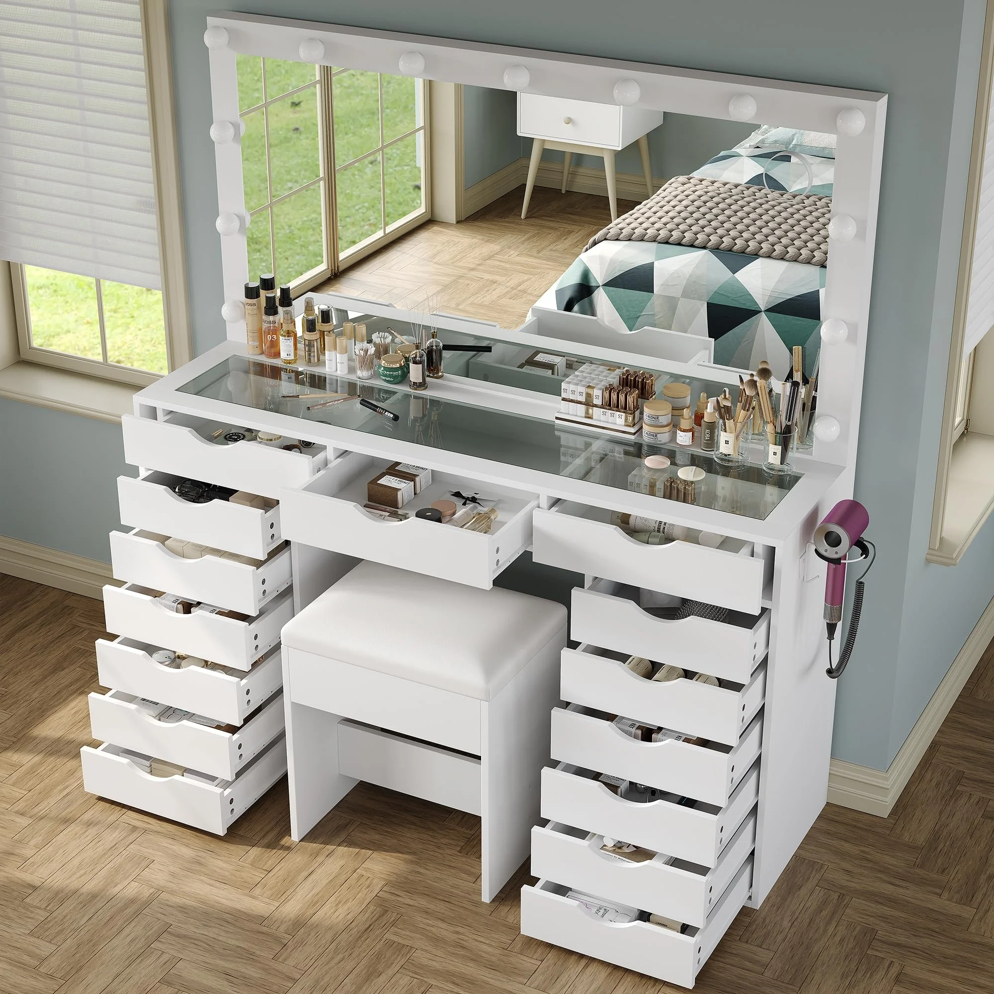 Yanosaku 15 Drawers Vanity Desk with Power Outlet, Makeup Table with Mirror and 13 LED Lights, 3 Color Lighting Modes, Brightness Adjustable, Glass Top Dressing Table, Vanity Set for Bedroom - Image 4