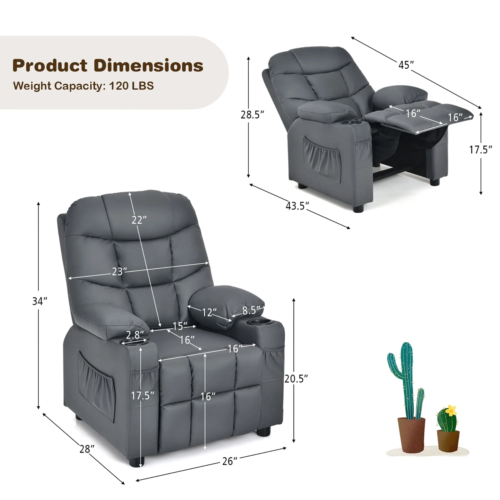 Costway Kids Youth Recliner Chair PU Leather w/Cup Holders & Side Pockets Grey - Image 14