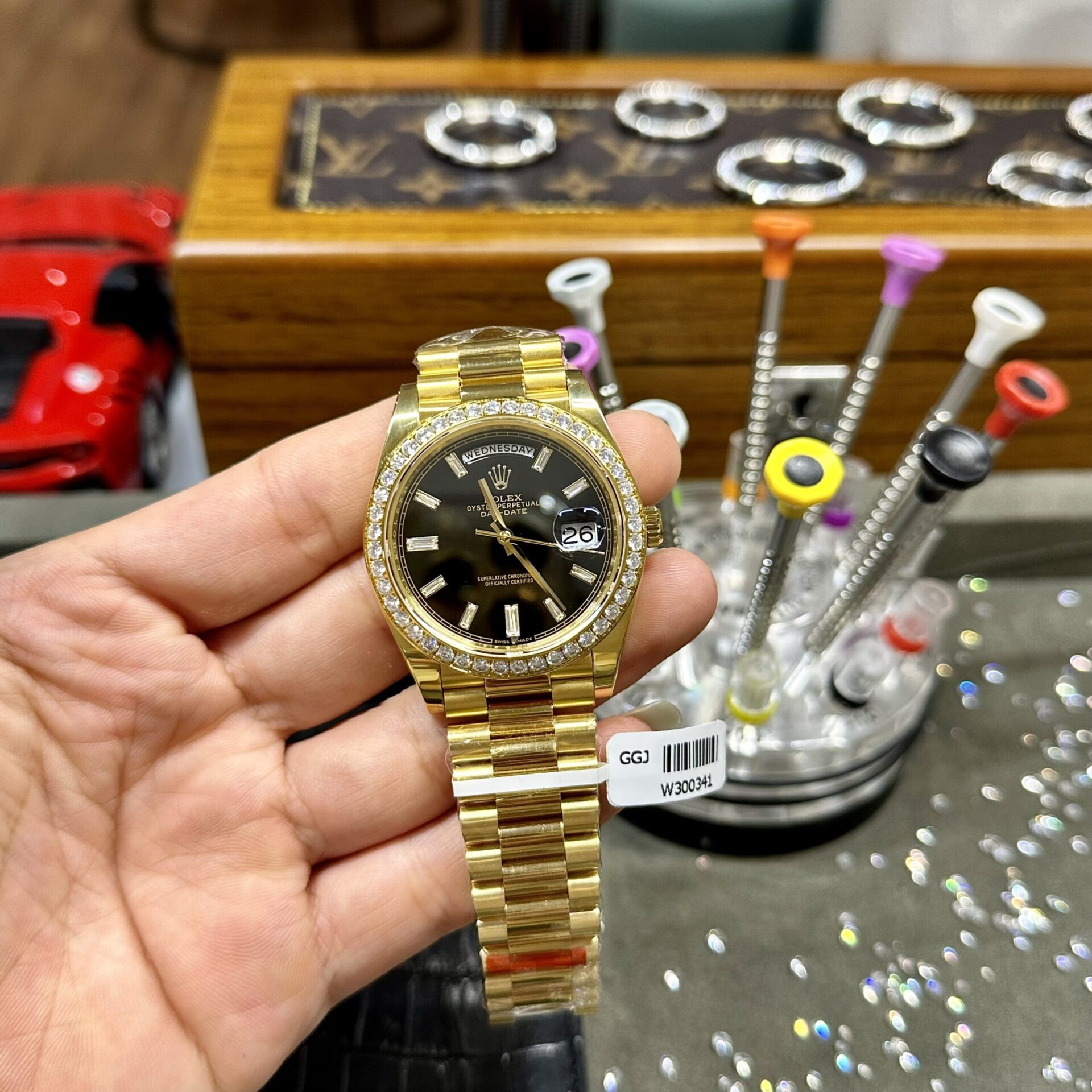 Rolex Day-Date Clone Watch Black Dial Moissanite Diamonds Custom 40mm - Elite Watch Atelier