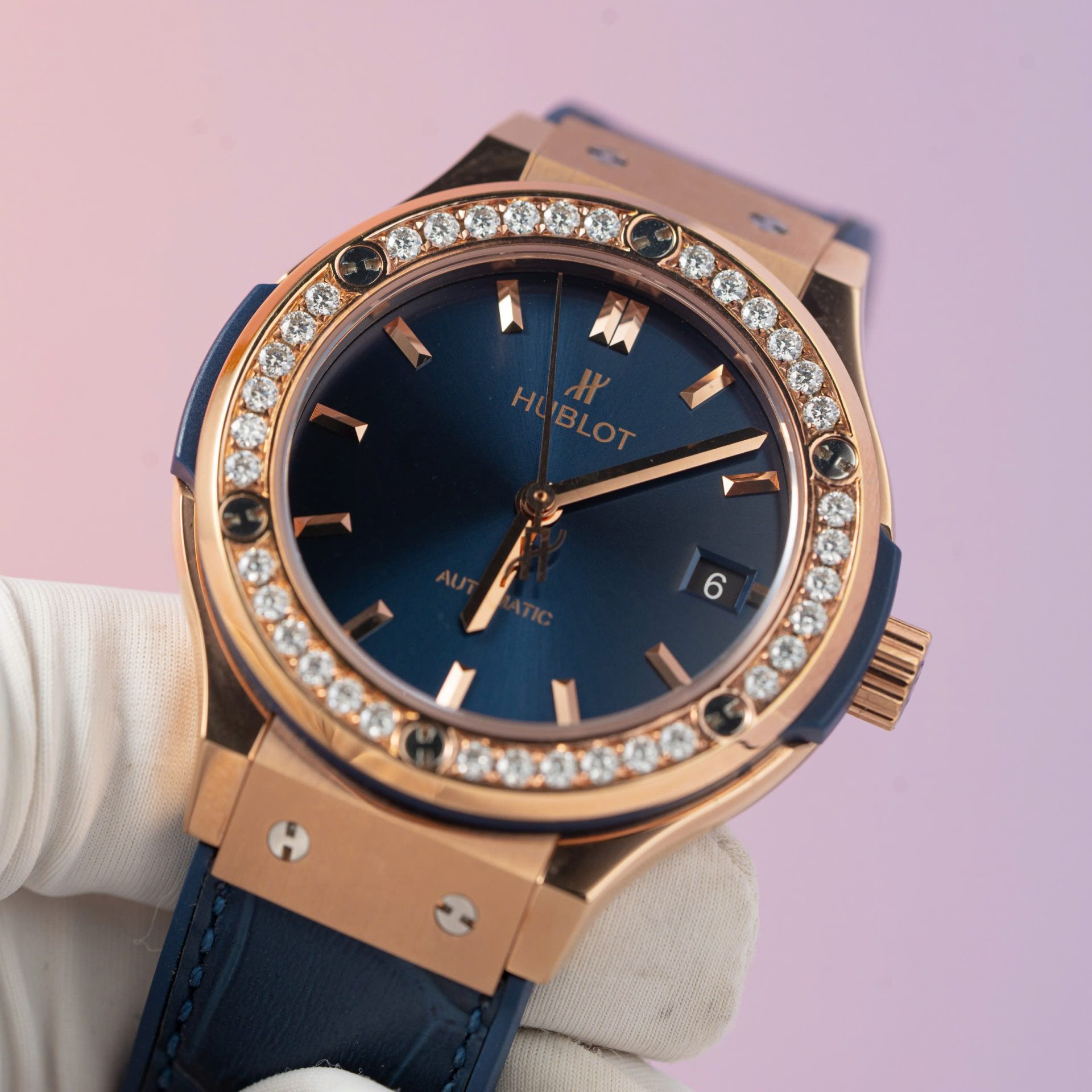 Hublot Replica Watch Classic Fusion King Gold Blue Dial Moissanite Diamond Bezel 38mm - Elite Watch Atelier