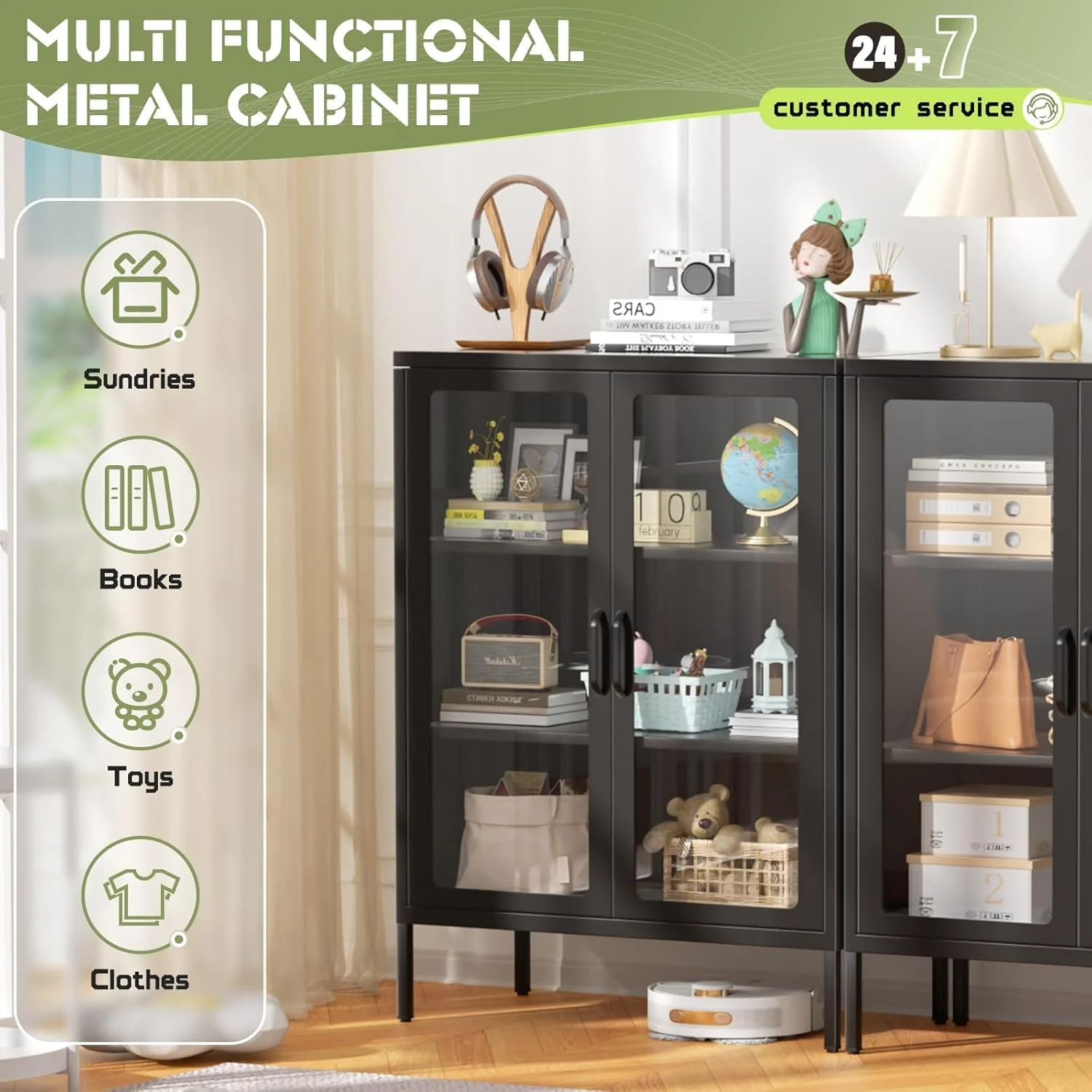 SUNCROWN Metal Storage Cabinet, Curio Display Cabinet with 2 Glass Display Door and 4 Shelves, Side Storage Organize, Modern Bookshelf Cabinet for livingroom, Bedroom, Kitchen, Black - Image 24