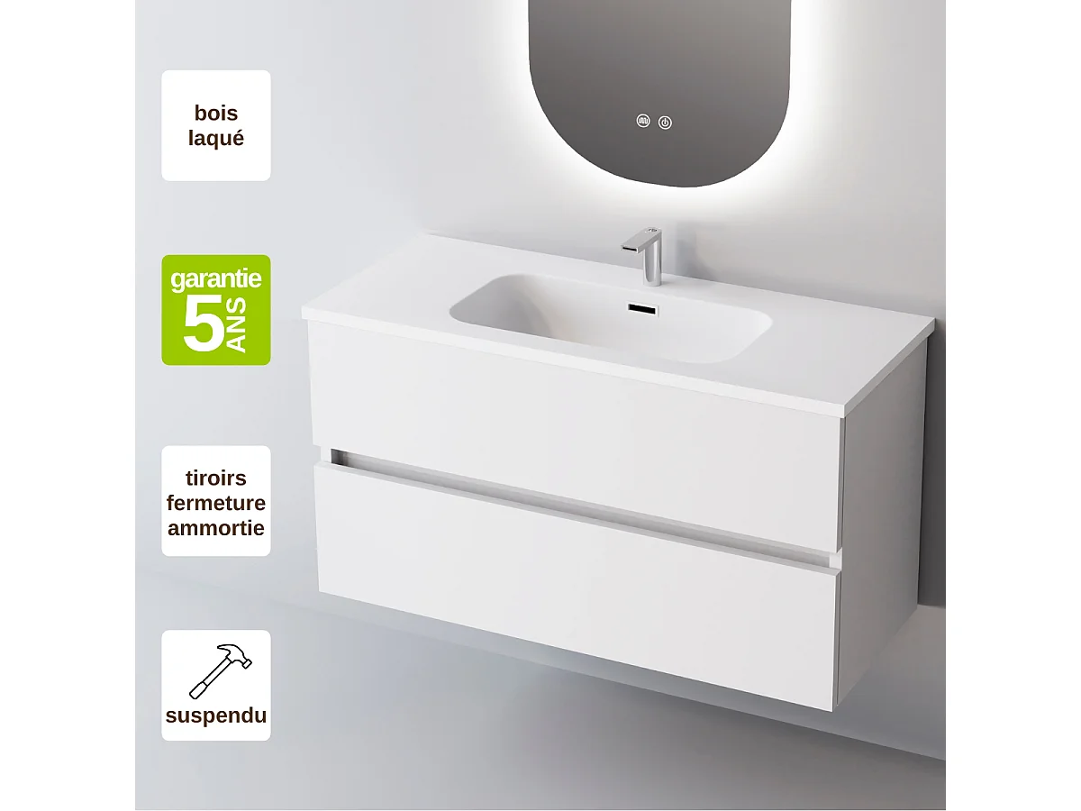 Meuble salle de bain ANCONA 80cm – Plan vasque céramique, 2 tiroirs, finition Blanc Brillant, H 54cm x P 45cm