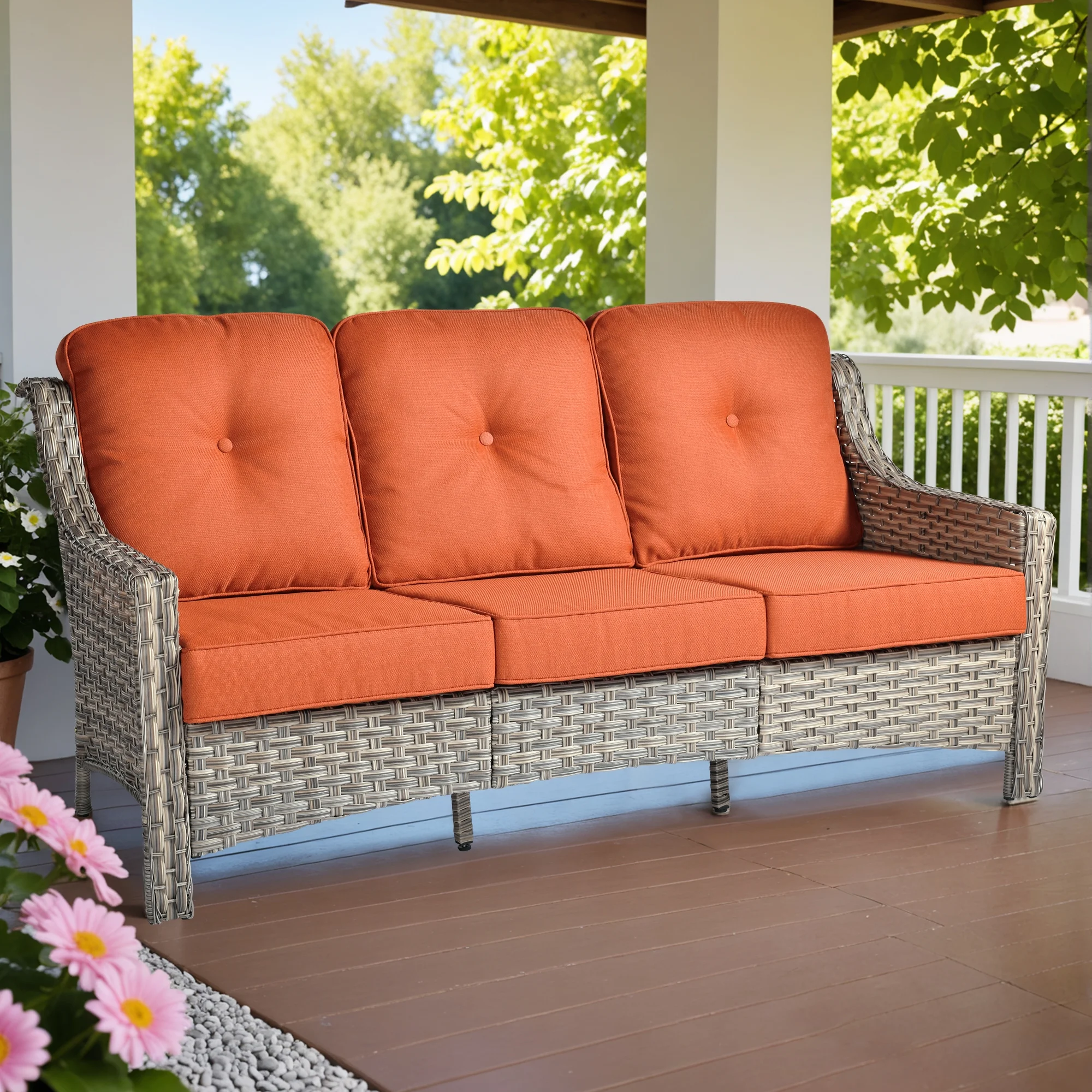 Ovios Outdoor Patio Sofa 3-Seater with Cushions All-Weather Wicker Rattan Couch for Garden, Porch, or Backyard - Image 39