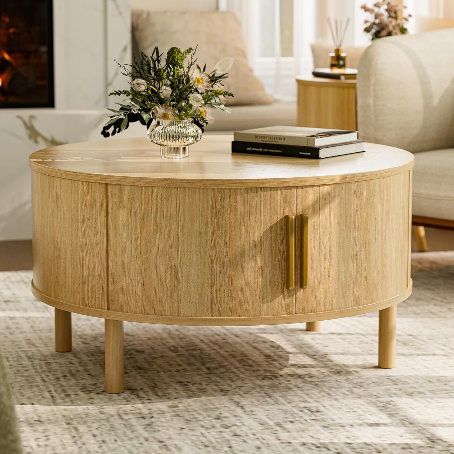 ZttRiee Coffee Table for Living Room, Modern Round Coffee Table with Cabinets & Sliding Doors, Home Small Space, 29.9