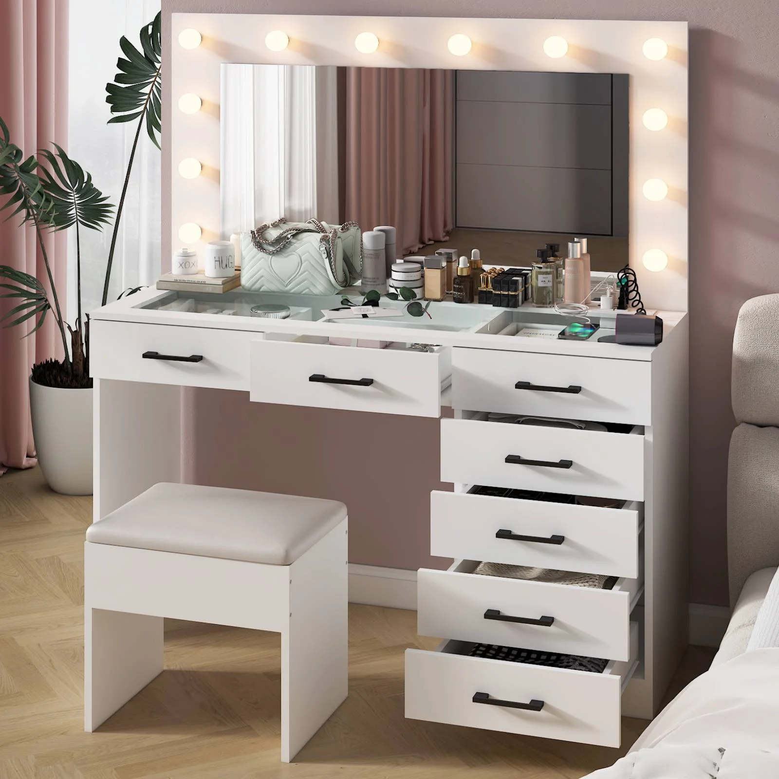 Ktaxon Large Makeup Vanity, Vanity Table Set w/ Visible Glass Top w/ Charging Station, White - Image 45