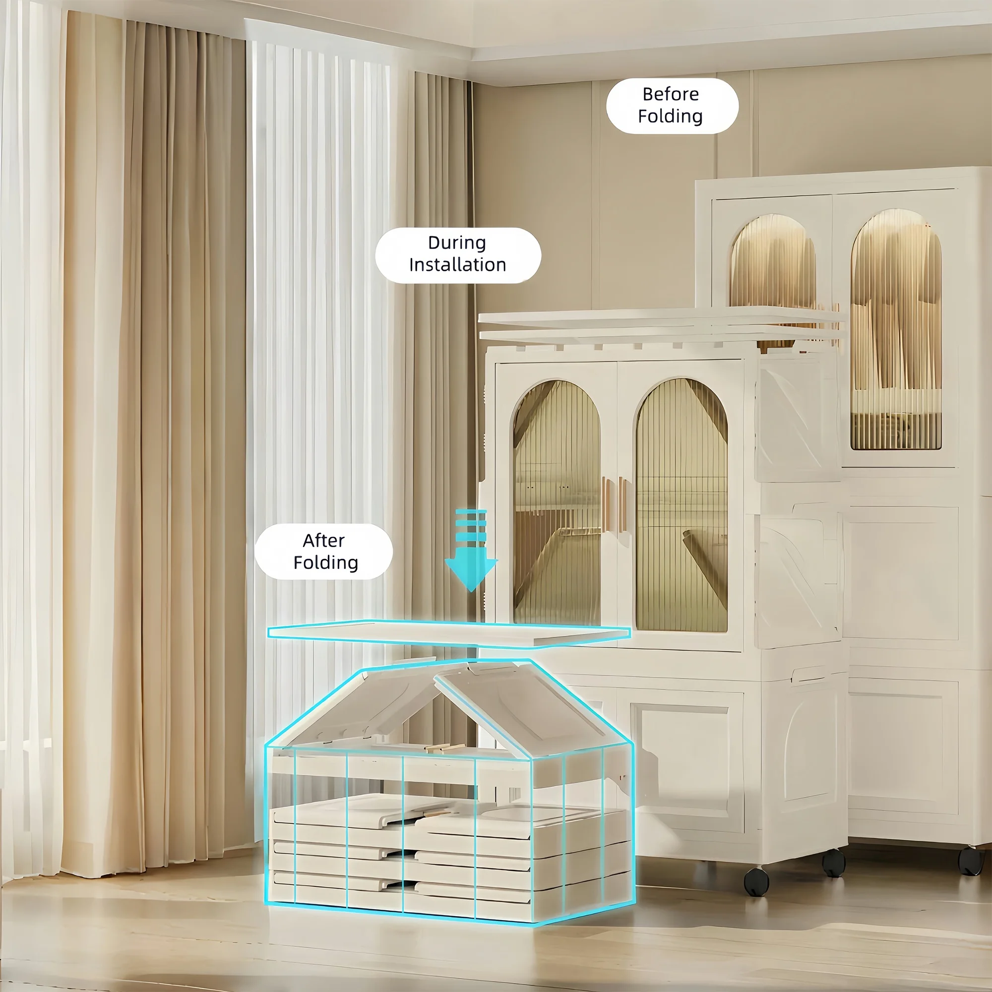 PORKISS Portable Wardrobe Closet, Folding Bedroom Armoire with Wheels, Plastic Storage Basket Can be Freely Combined (1 Layer of Wardrobe + 2 Layers of Folding Boxes+10 Hangers), Cream White-57.09"H - Image 10